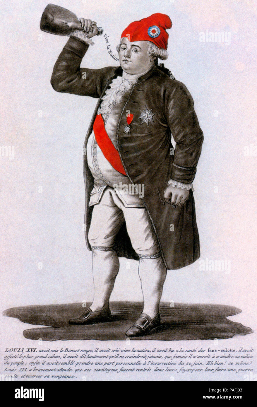 Ludwig XVI. von Frankreich trägt eine Phrygische Mütze, trinken einen Toast auf die Gesundheit der sans-culottes. Ätzen und Schabkunst, mit Aquarell. 1792 Stockfoto