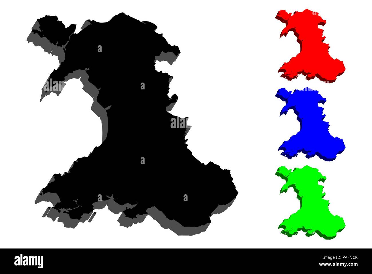 3D-Karte von Wales (Cymru) - Schwarz, Rot, Blau und Grün-Vector Illustration Stock Vektor