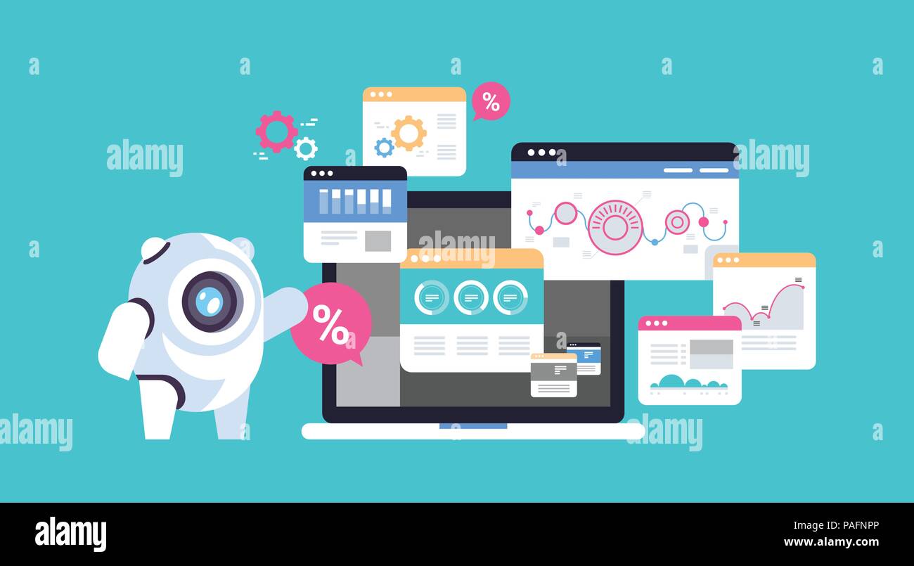 Analyse der Daten bot Roboter Diagramm Diagramm Finanzierung künstliche Intelligenz Konzept über blauen Hintergrund waagrechten Stock Vektor