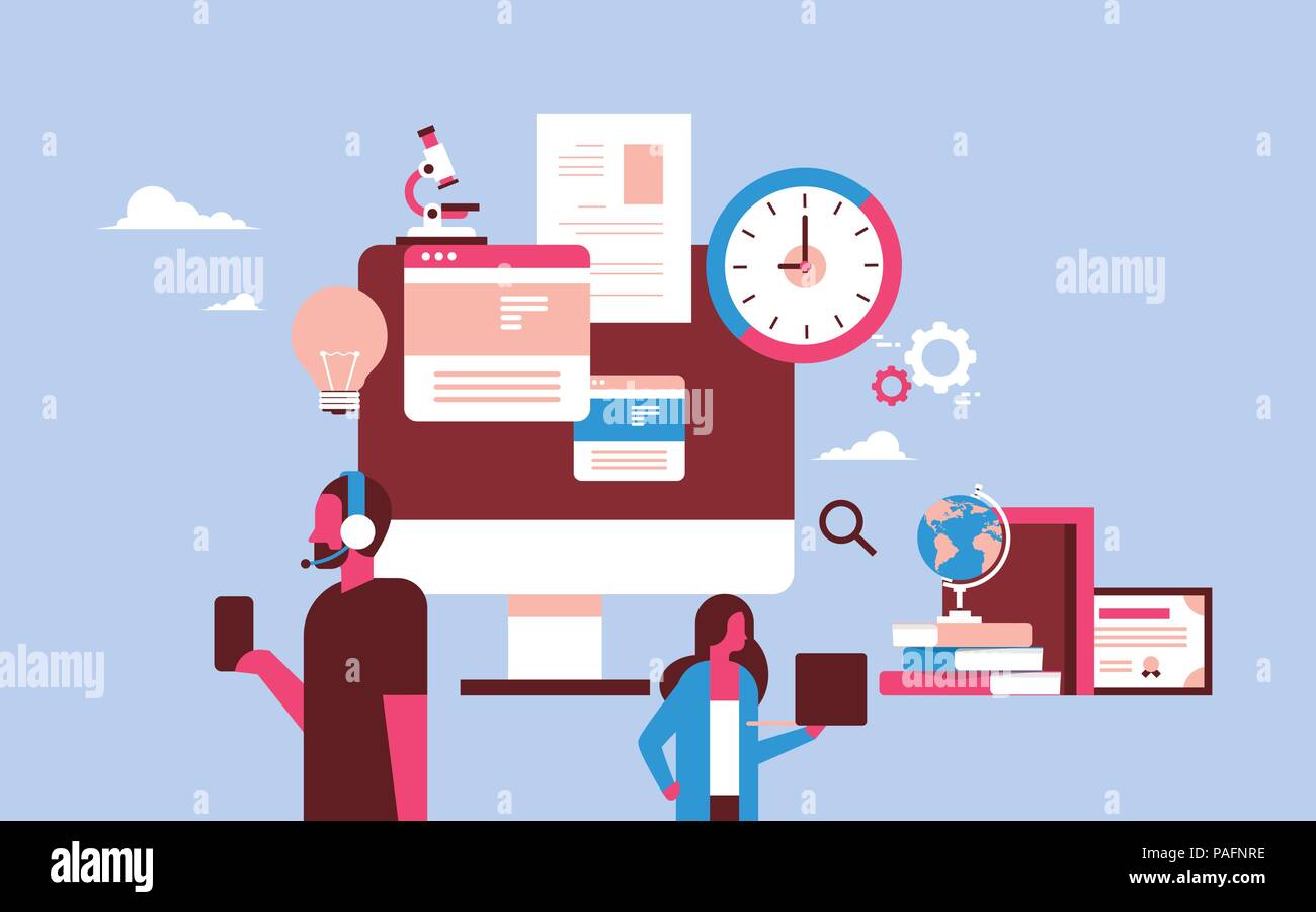 Paar Verwendung von Minianwendungen Analyse online Ausbildung Konzept Mann frau portrait Waagrechten Stock Vektor