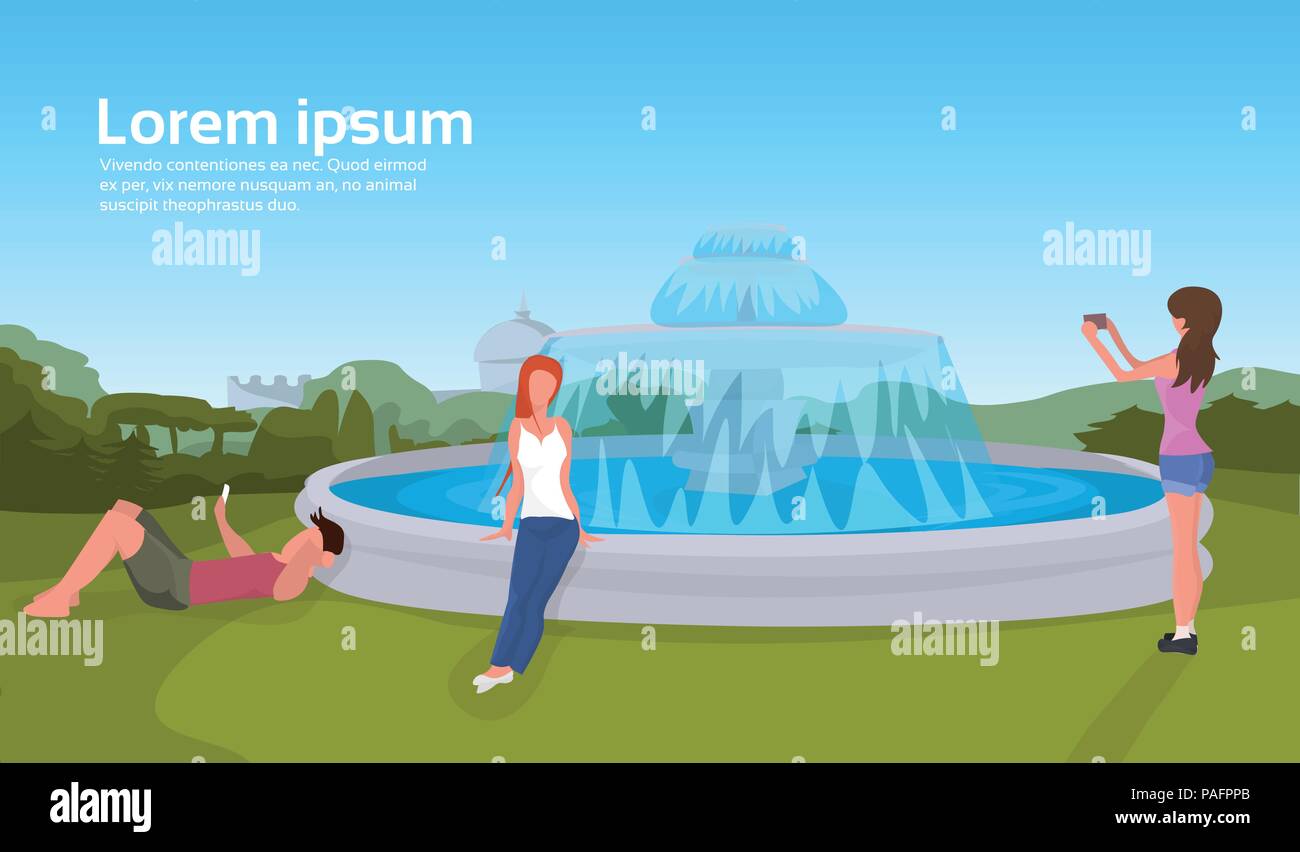 Menschen Entspannung fotografieren Stadtpark Brunnen grüne Gras Bäume Stadtbild horizontale Platz kopieren Stock Vektor