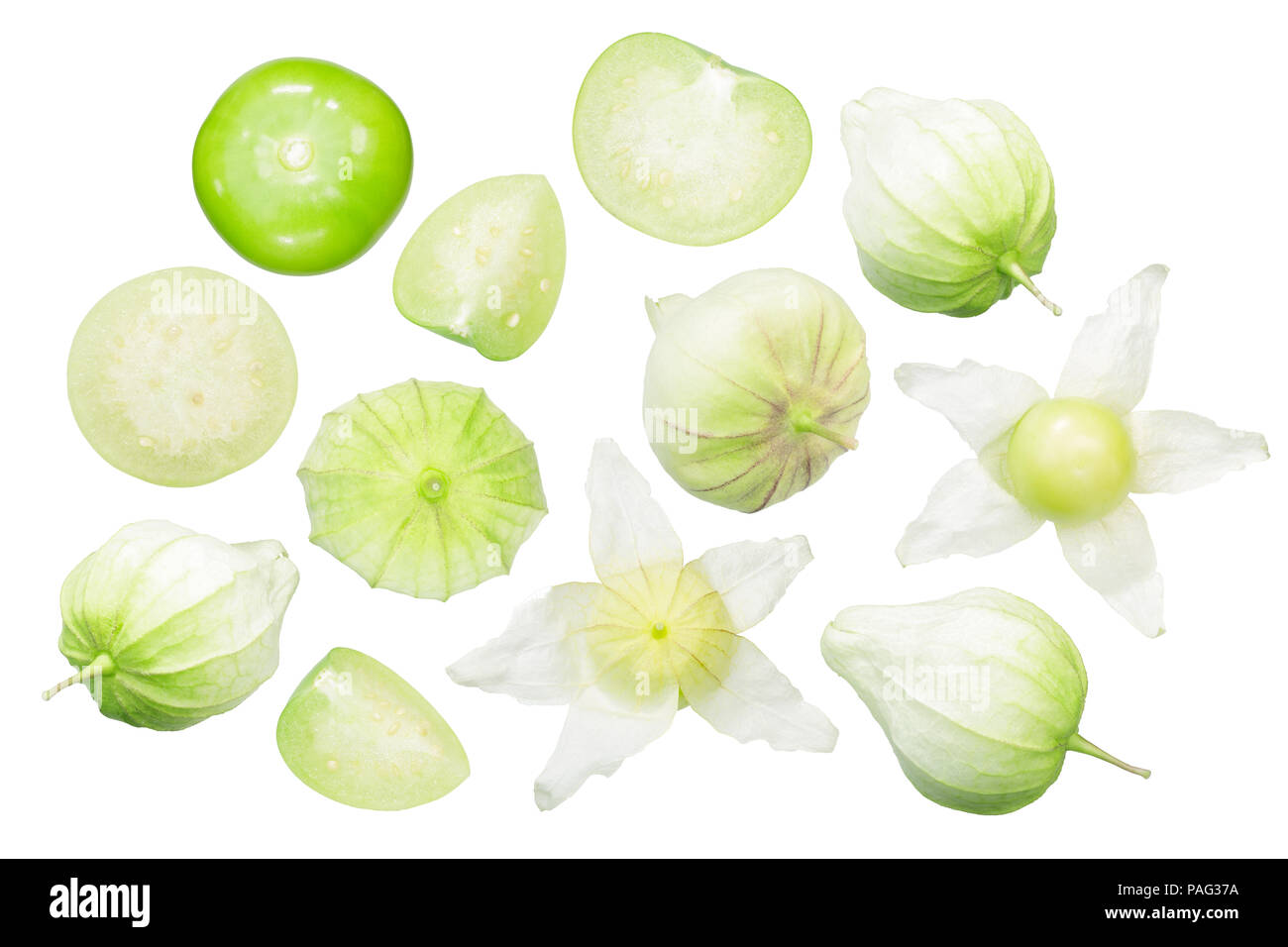 Tomatillos oder mexikanischen Schale tomatoe (Physalis philadelphica Obst): ganz, geschält, geschnitten, halbiert, Gevierteilt. Ansicht von oben, Beschneidungspfade Stockfoto