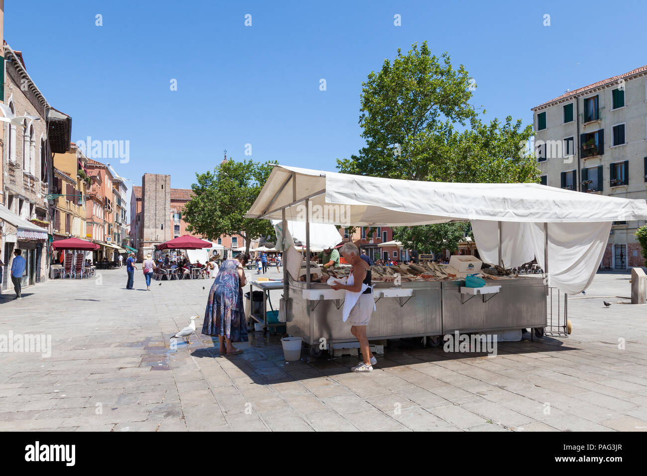 Venezianische Dame einkaufen bei einem fischhändler ausgeht, Campo Santa Margherita, Dorsoduro Venedig, Venetien, Italien. Das tägliche Leben, Stockfoto