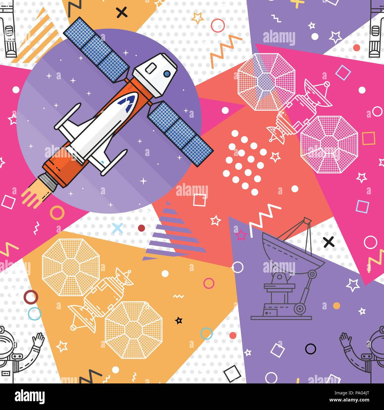 Platz Memphis nahtlose Muster. Mode 80-90 s. Bunte geometrische Strukturen. Vector Illustration. Bemannte Mission zum Mars. Dünne Linie Symbol. Stock Vektor Platz Memphis nahtlose Muster. Mode 80-90 s. Bunte geometrische Strukturen. Vector Illustration. Bemannte Mission zum Mars. Dünne Linie Symbol. Stock Vektor