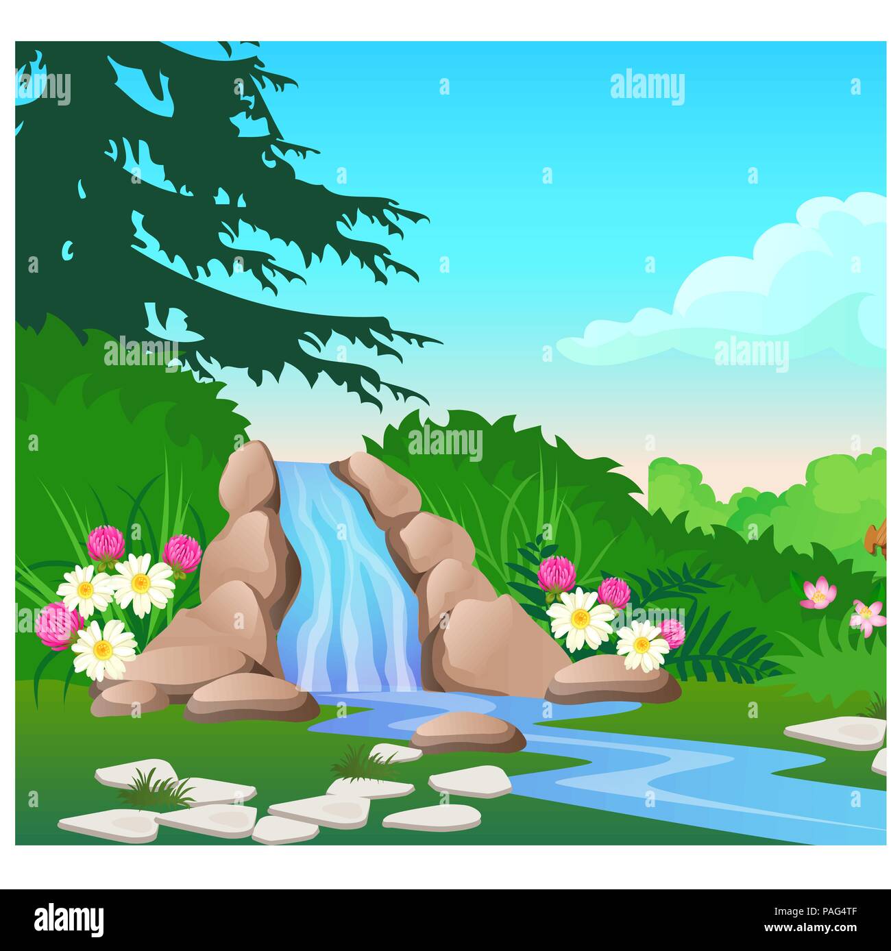 Malerische Landschaft mit Wasserfall auf den Wald Fluss. Skizze eines schönen Poster oder Plakat zum Thema wildlife Art. Vektor cartoon Close-up Abbildung. Stock Vektor