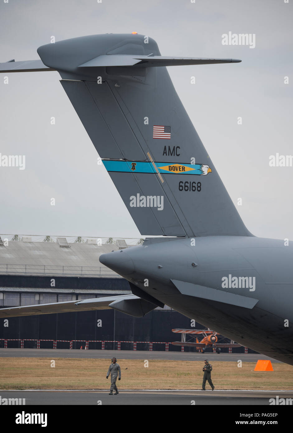Boeing C-17 Globemaster III militärische Transportflugzeuge der US Air Force kommt in Farnborough Airshow 2018 für die Öffentlichkeit. Stockfoto
