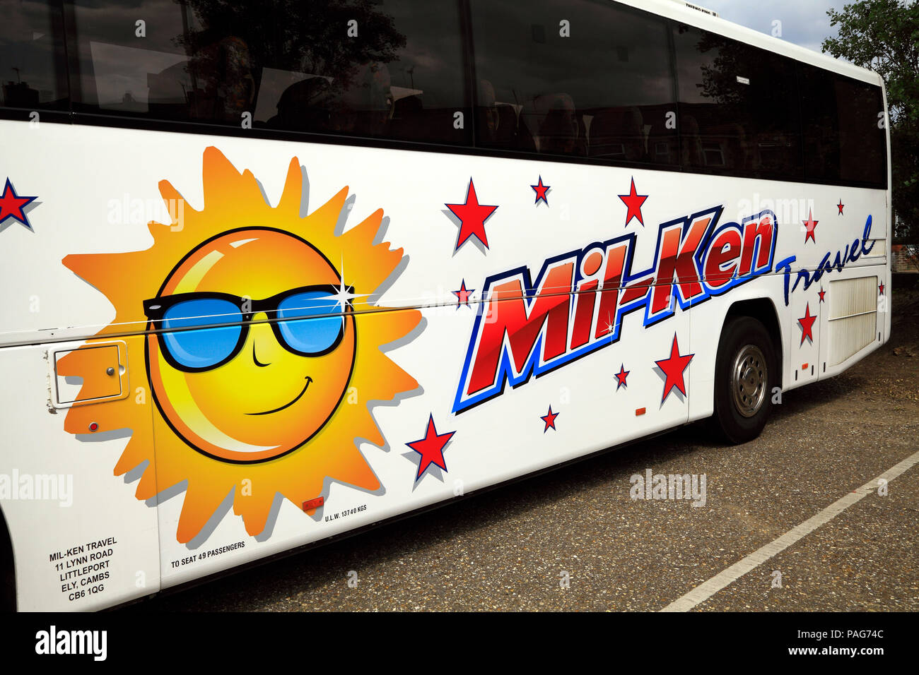 Mil-Ken, Reisebus, Tagesausflüge, Littleport, Cambridgeshire, UK, Urlaub, Trainer, Reisen Stockfoto