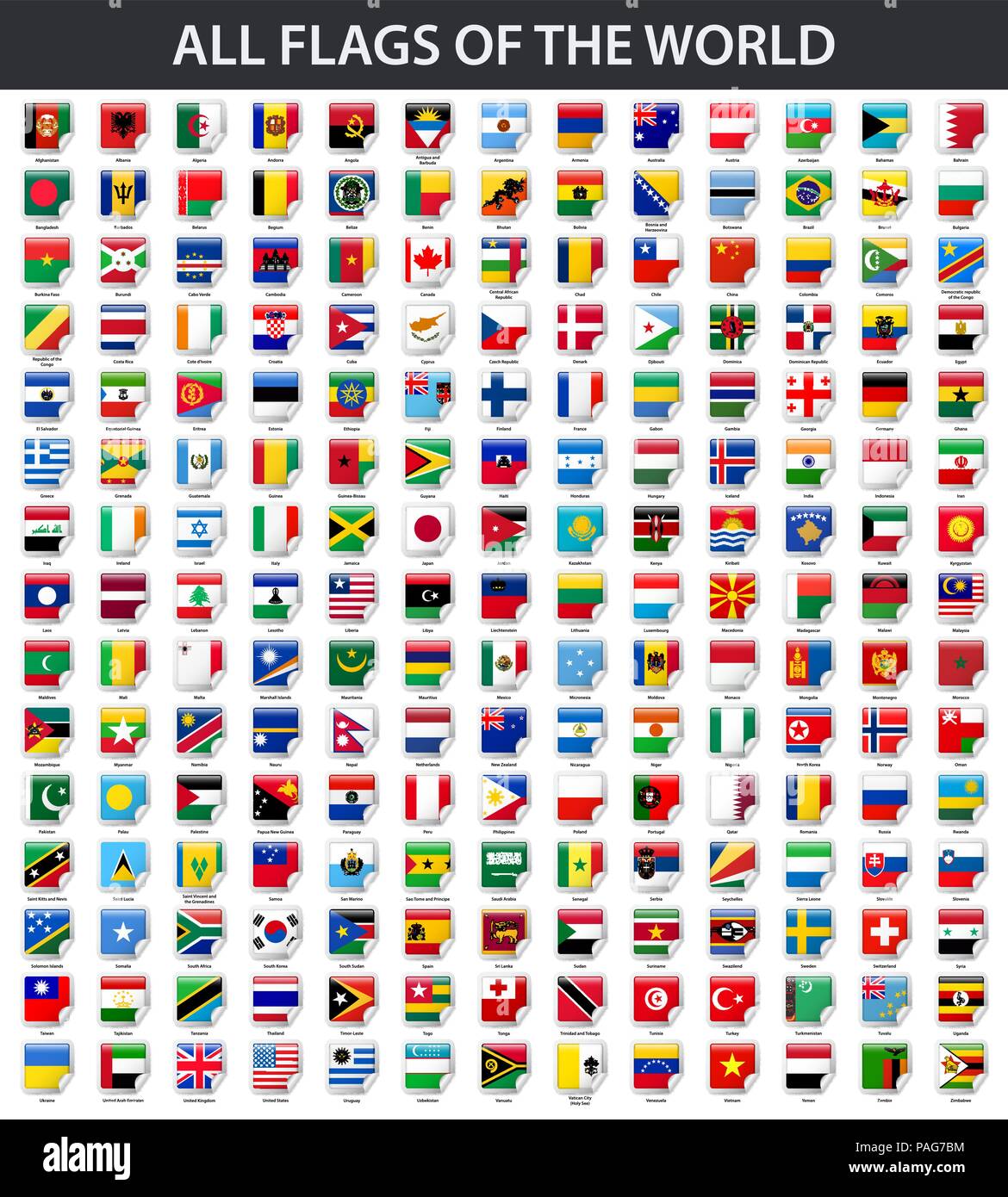 Alle Flaggen der Welt in alphabetischer Reihenfolge. Platz glänzend ...