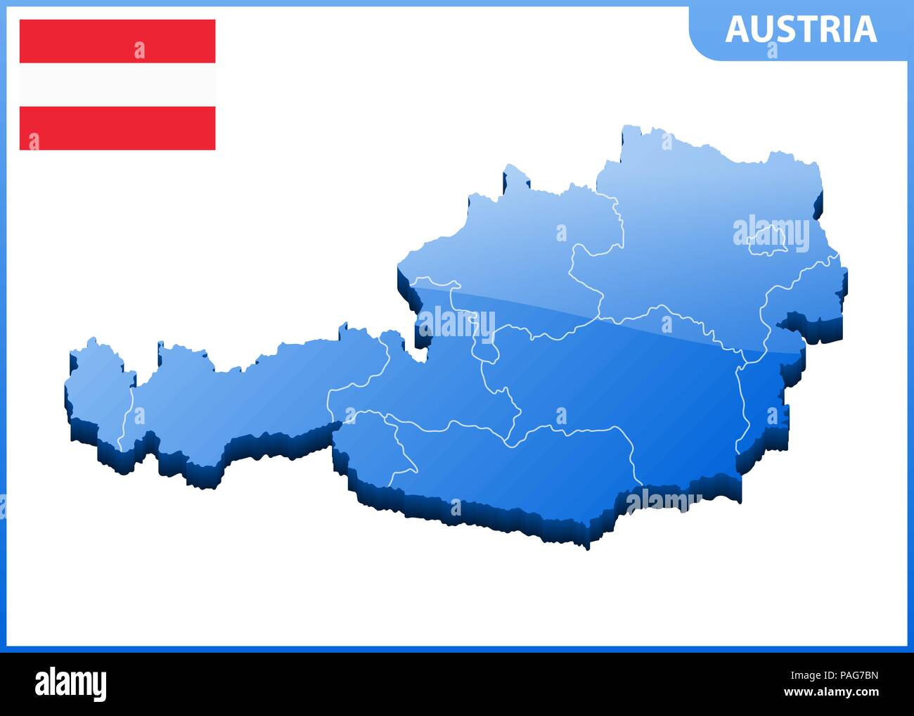 Sehr detaillierte dreidimensionale Karte von Österreich mit Regionen Grenze Stock Vektor