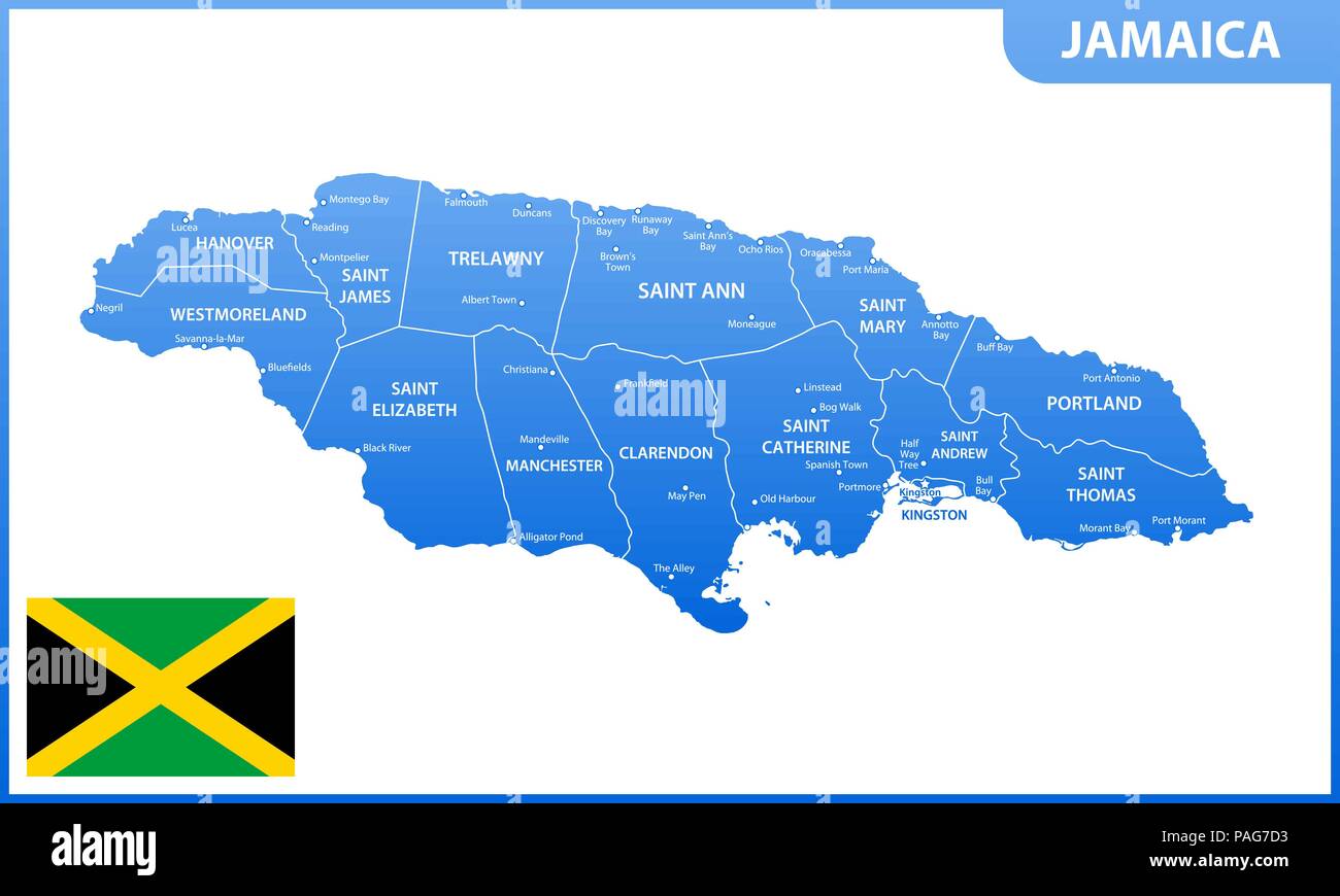 Die detaillierte Karte von Jamaika mit Regionen oder Staaten und Städte, der Hauptstadt. Verwaltungseinheit. Stock Vektor