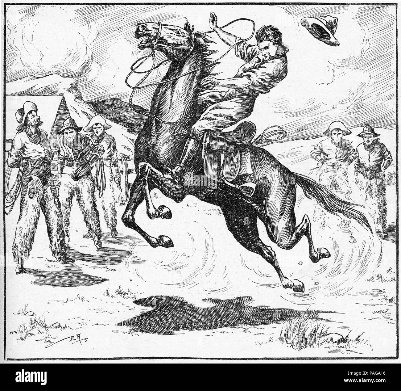 Gravur einer Cowboy in ein neues Pferd zu brechen. Von Chums, eine Illustrierte Wochenzeitung für Jungen, 1916. Stockfoto
