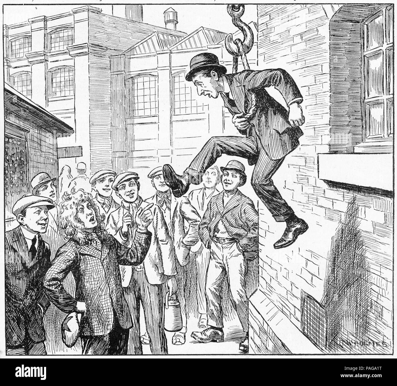 Gravur einer Bande von Männern Förderung jemand der Union durch ihn zur Aussetzung von einem Haken zu verbinden. Von Chums, einer illustrierten Zeitschrift für Jungen, 1915. Stockfoto