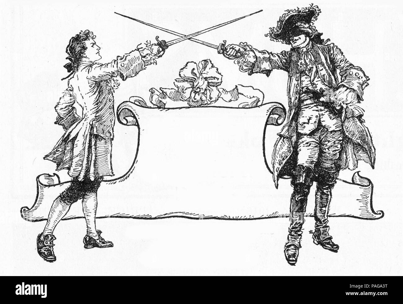 Gravur von zwei schwertkämpfer ihre Waffen über einen Bildlauf zum Kopieren. Von Chums, einer illustrierten Zeitschrift für Jungen, 1916. Stockfoto