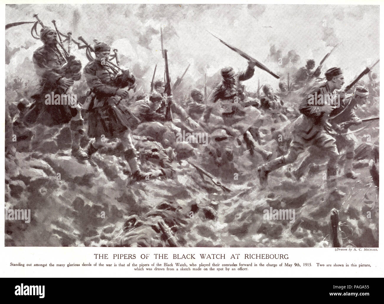 Ein paar der Dudelsackpfeifer aus der Black Watch März ihrer Kameraden in die Schlacht gegen die Deutschen am 9. Mai 1915 während des Großen Krieges. Von Kumpel, ein wöchentliches Magazin für Abenteuer Englisch Jungen, 1916. Stockfoto