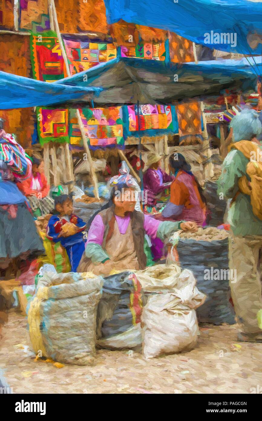 Digitale Kunst Malerei eines original Foto von Frauen, die auf dem Markt in den Peruanischen Anden in Peru. Pisac ist bekannt für seinen Markt, bekannt Stockfoto