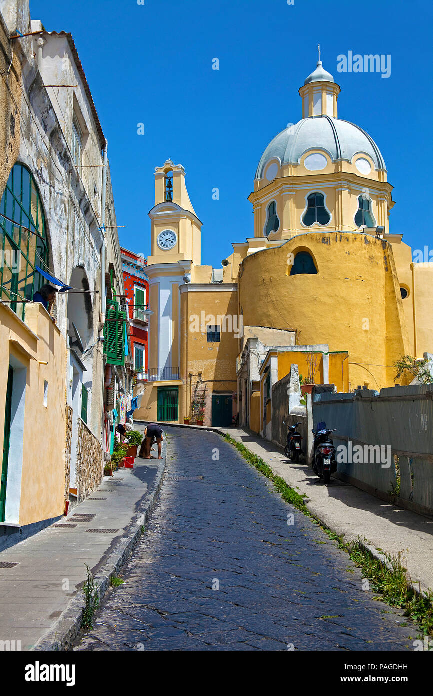 Gasse in der Altstadt führt in die Kirche Chiesa della Madonna delle Grazie, Procida, Golf von Neapel, Italien Stockfoto