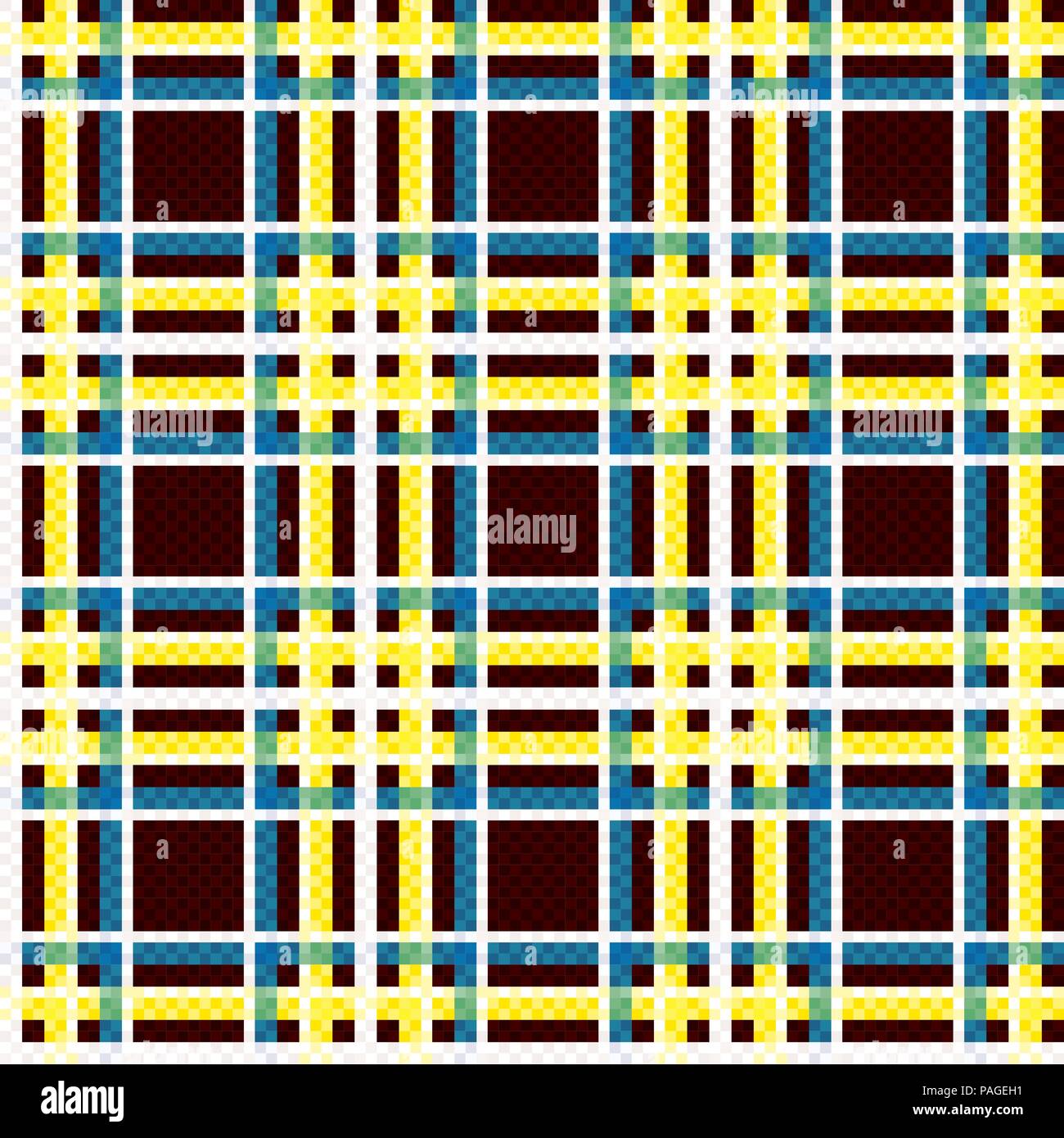 Nahtlose Schachbrettmuster mit Verflechtung der helle blaue, gelbe und weiße Linien auf dem dunklen roten Hintergrund, Vektor als Stoff Textur Stock Vektor