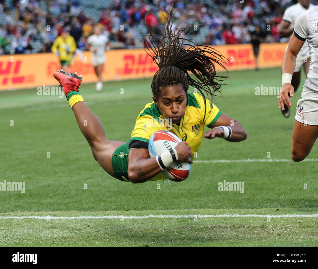San Francisco, USA. 21. Juli 2018. Australische Spieler Ellia Grün Kerben versuchen gegen die Vereinigten Staaten von der Frauen-WM Kampf um Bronze der 2018 Rugby World Cup Sevens, Samstag, Juli 21, 2018, AT&T Park, San Francisco. (Spencer Allen/Image des Sports) Foto per Kreditkarte: Newscom/Alamy leben Nachrichten Stockfoto