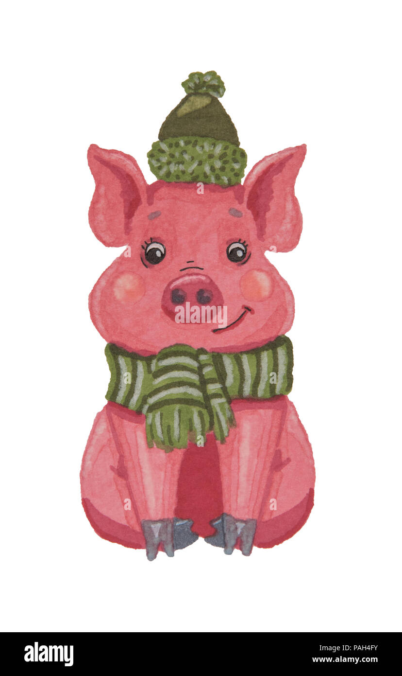 Schone Rosa Schwein In Einen Grunen Schal Und Hut Mit Aquarell Marker Auf Einem Weissen Hintergrund Gemalt Stockfotografie Alamy