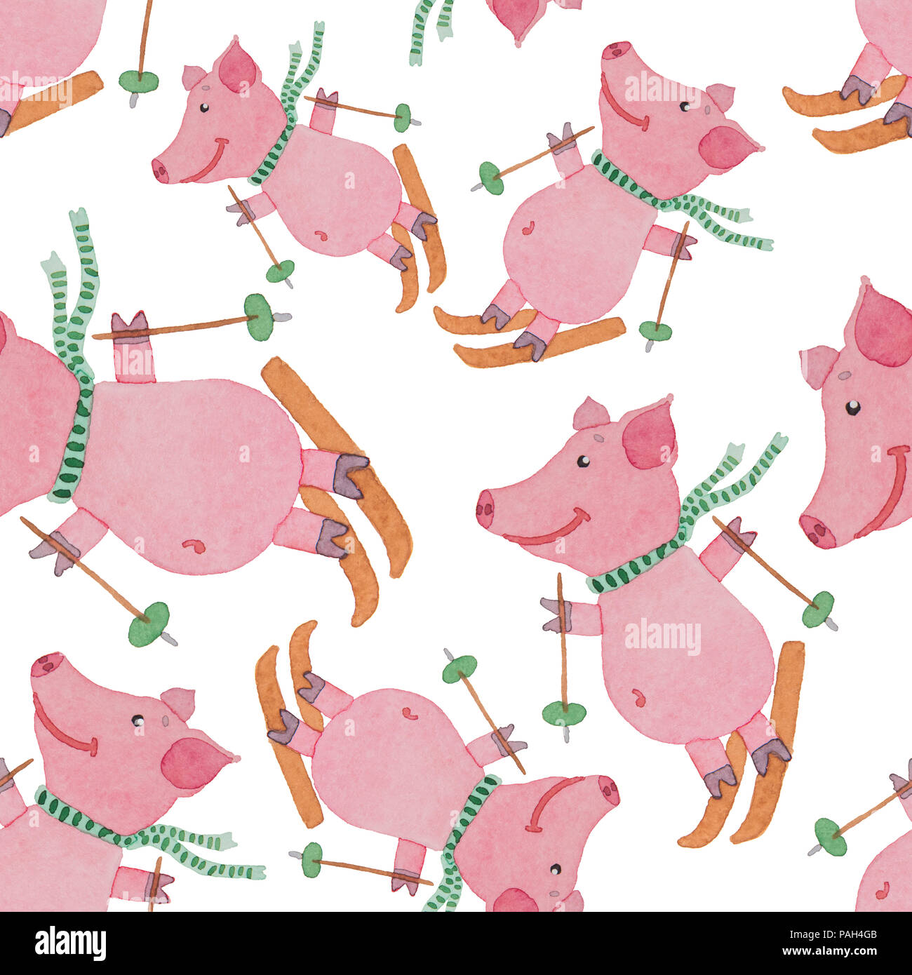 Nahtlose Muster Glucklich Und Freundlich Schwein Fahrten Ski Mit Stocken Im Winter Gemalte Aquarell Auf Weissem Hintergrund Stockfotografie Alamy