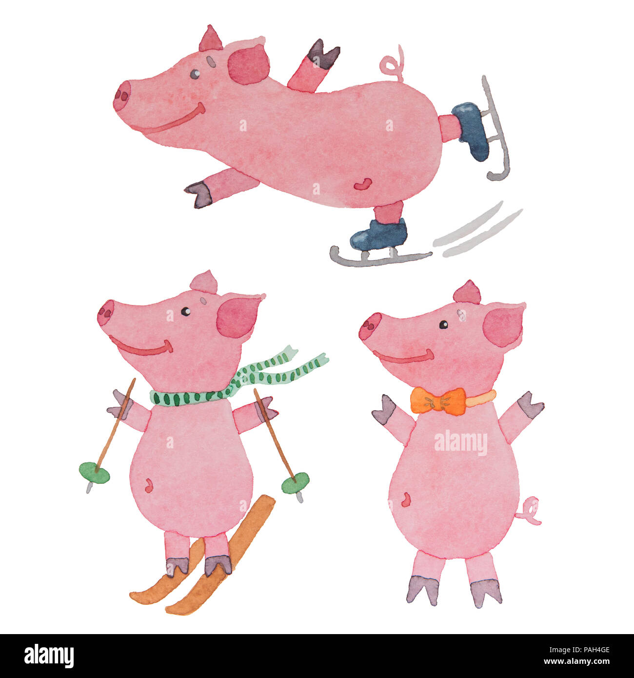 Drei lustige rosa Schweine in Aquarell auf weißem Hintergrund gemalt Stockfoto