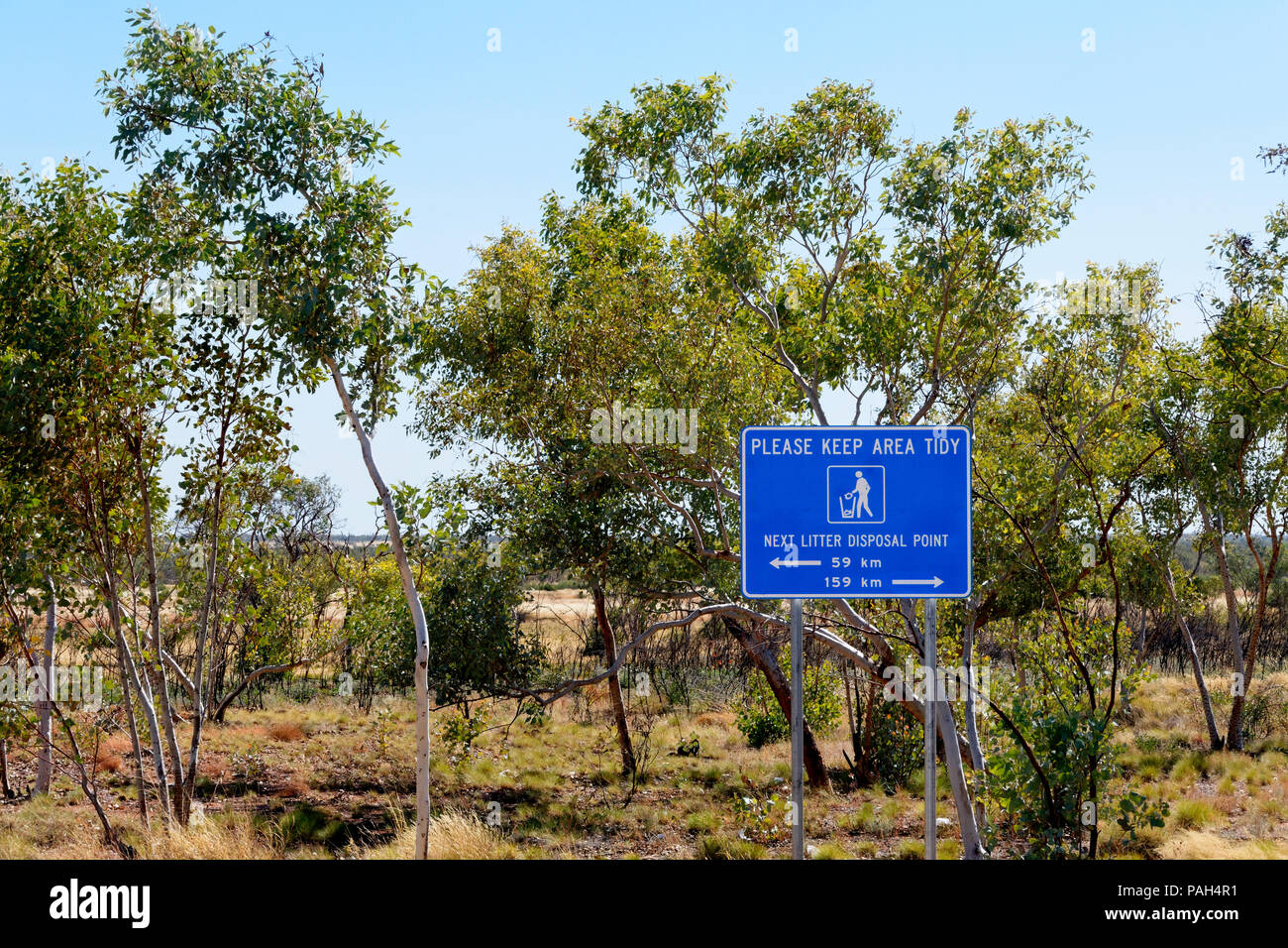 Bereich ordentlich am Straßenrand Zeichen in der australischen Landschaft, Kimberley, Nordwesten Australien Stockfoto