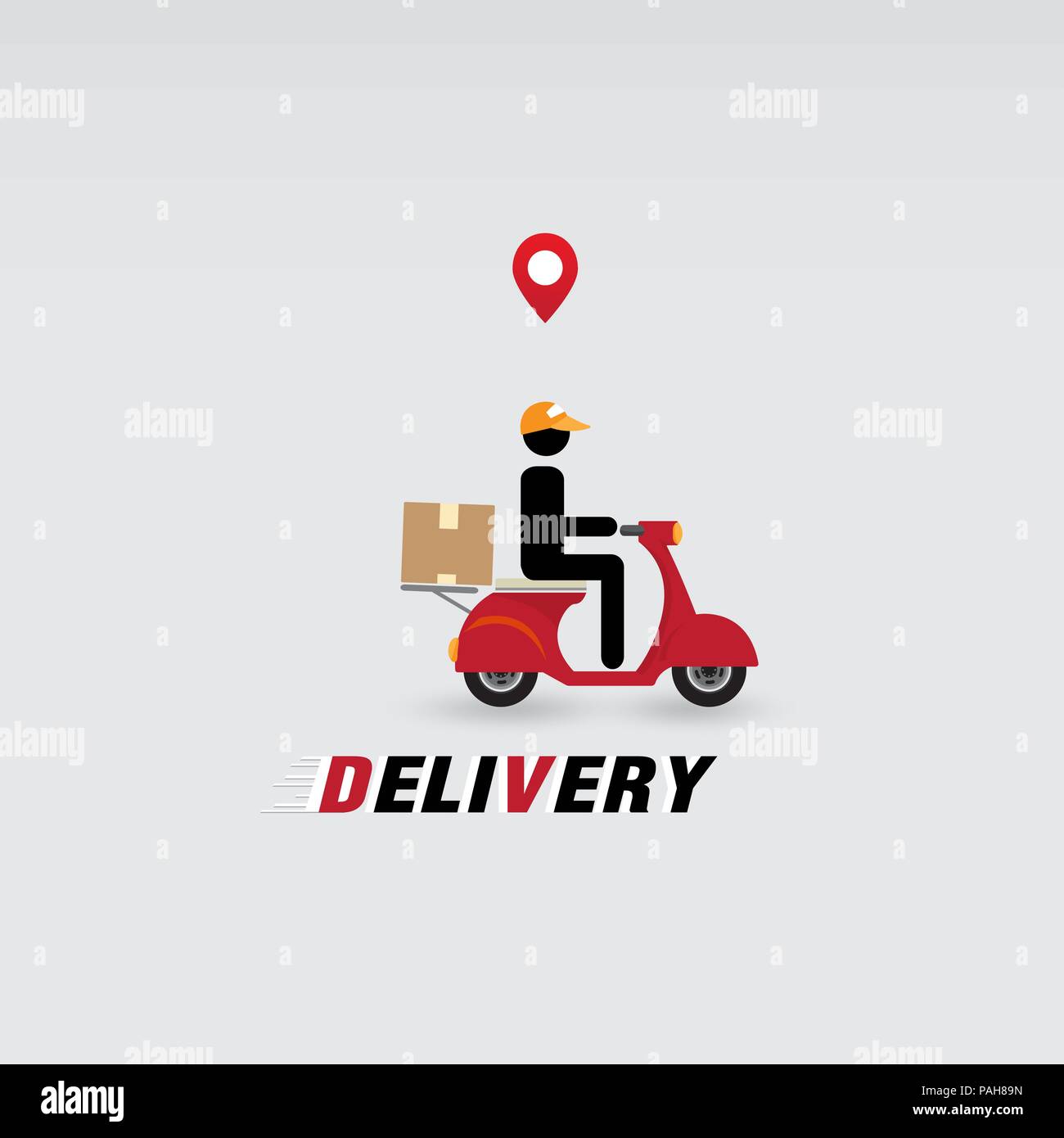 Messenger, Lieferung Mann mit Motorrad, standortmarkierung auf weißem Hintergrund. Vector Illustration für Lieferung überall Service. Stock Vektor