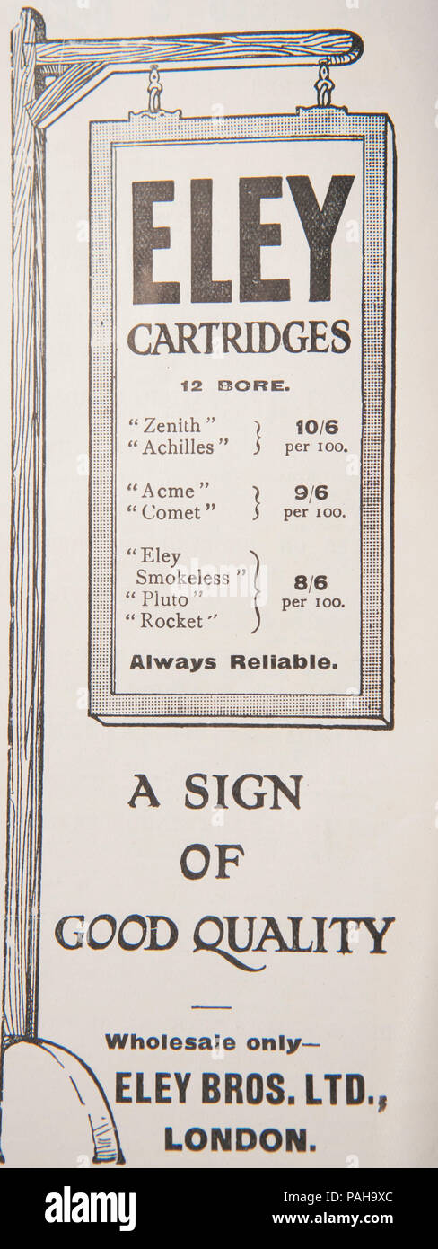 Anzeige für Eley Patronen. Aus einer alten Zeitschrift während des Zeitraums 1914-1918. UK GB Stockfoto