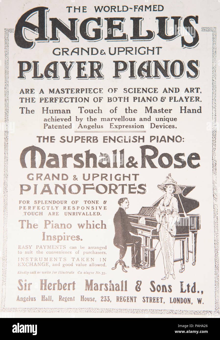 Eine Anzeige für Klaviere. Aus einer alten Zeitschrift während des Zeitraums 1914-1918. UK GB Stockfoto