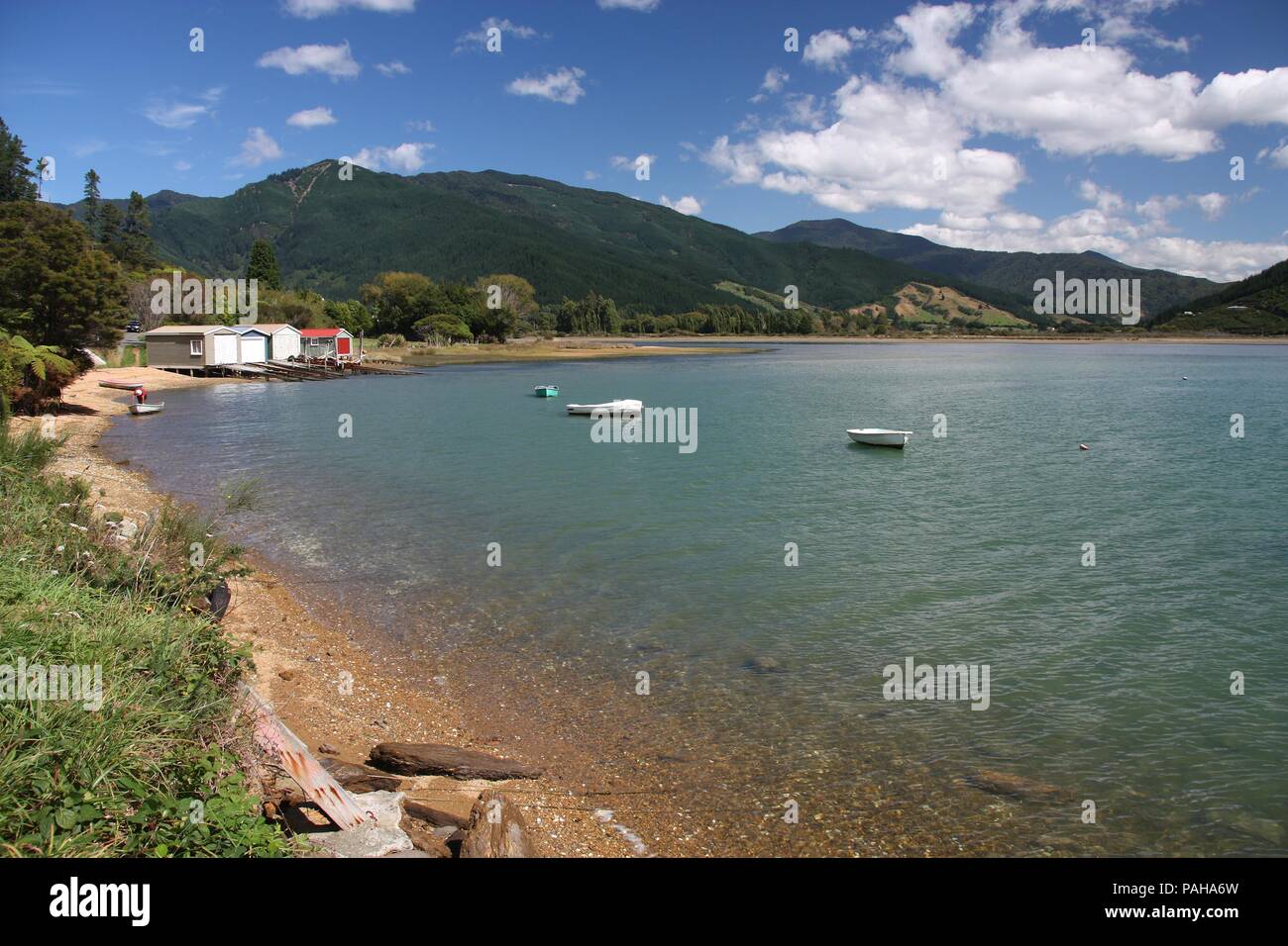 Neuseeland. Queen Charlotte Sound - berühmte szenische Tourismus Ziel in der Region Marlborough. Stockfoto