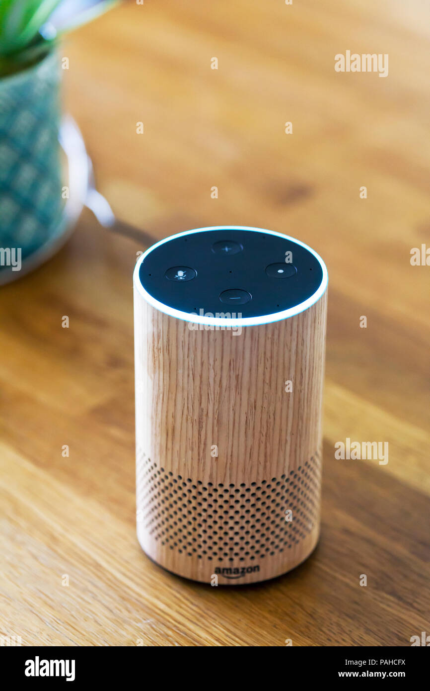 Amazon Echo, Alexa, Smart, Smart, Smart, Smart Lautsprecher Lautsprecher, Voice Control, Voice, Voice-gesteuerten intelligenten Assistenten Stockfoto