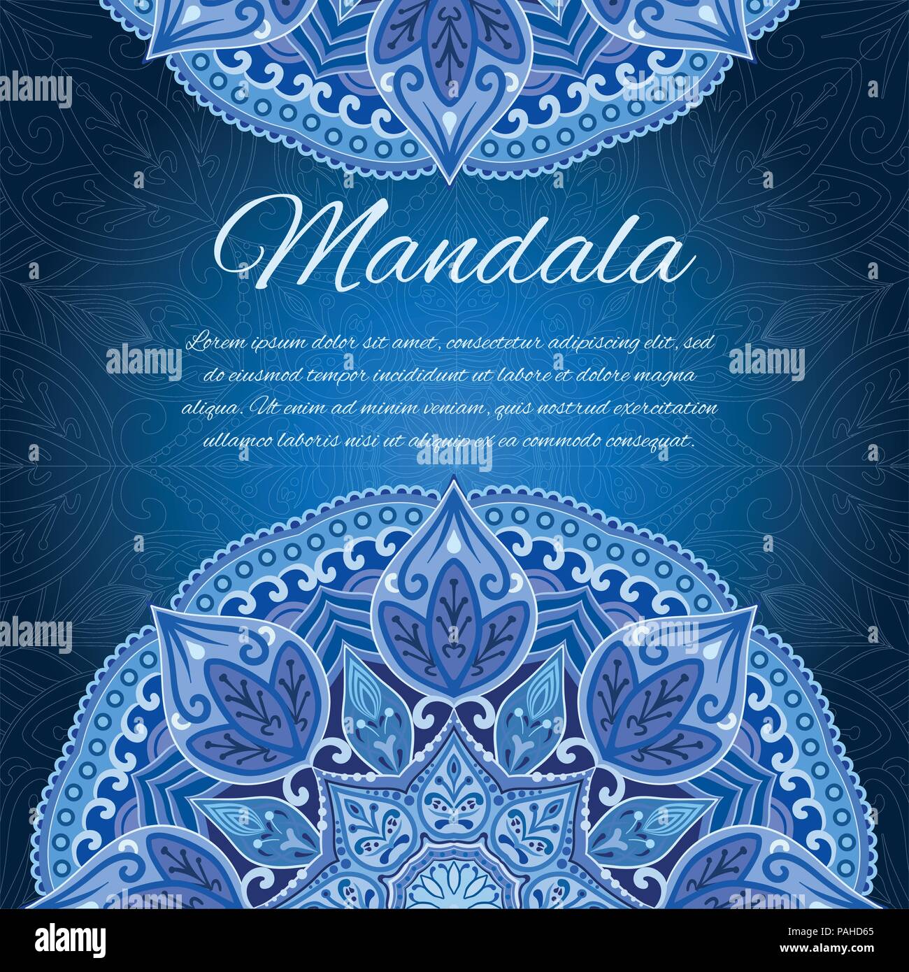 Karte mit glow Mandala. Blaue Einladung Karte Stock Vektor