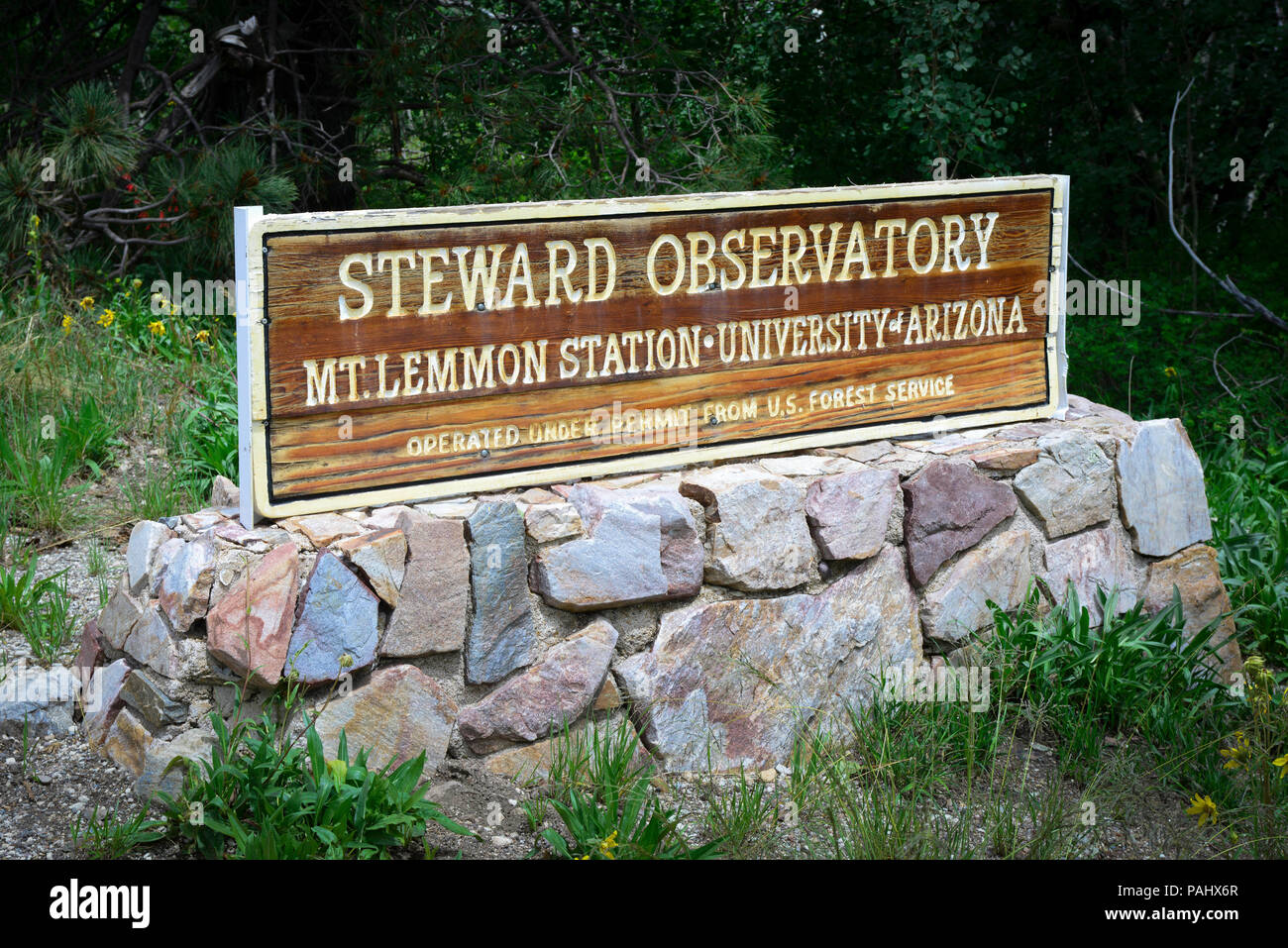 Eine hand geschnitzt aus Holz Schild am Eingang zum Observatorium Steward, Mt Lemmon Station, lief von der Universität von Arizona, die von der US-amerikanischen Wald Servi betrieben Stockfoto