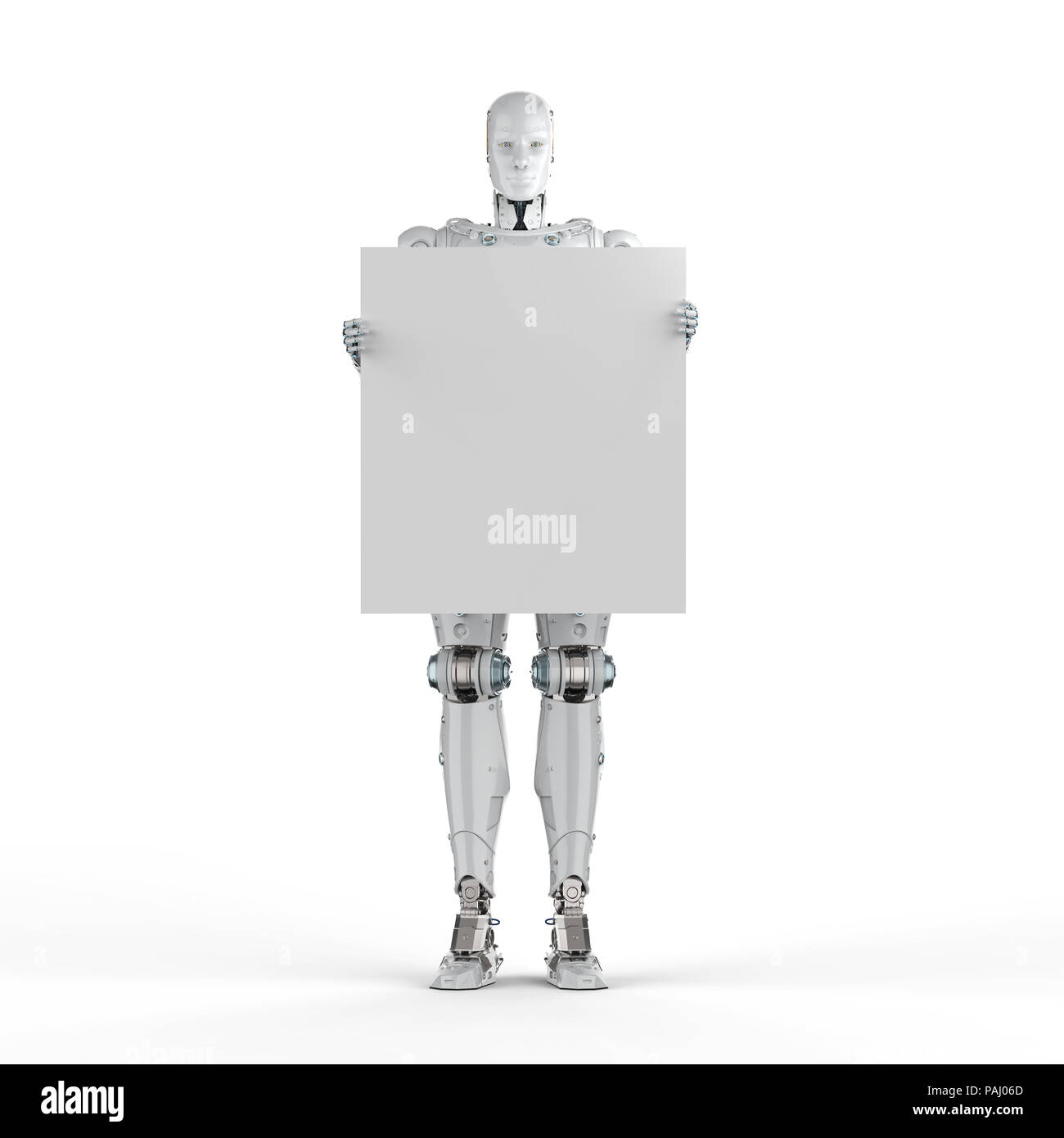 3D-Rendering humanoiden Roboter mit weißem Papier Stockfoto