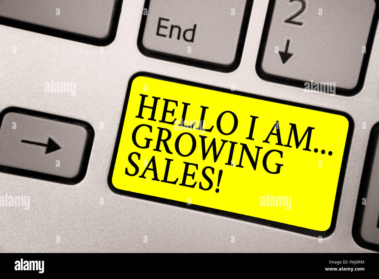 Wort schreiben Text Hallo ich bin.. Die wachsenden Verkaufszahlen. Business Konzept für mehr Geld verkaufen größere Mengen Grau silberne Tastatur mit hellen Schrei Stockfoto