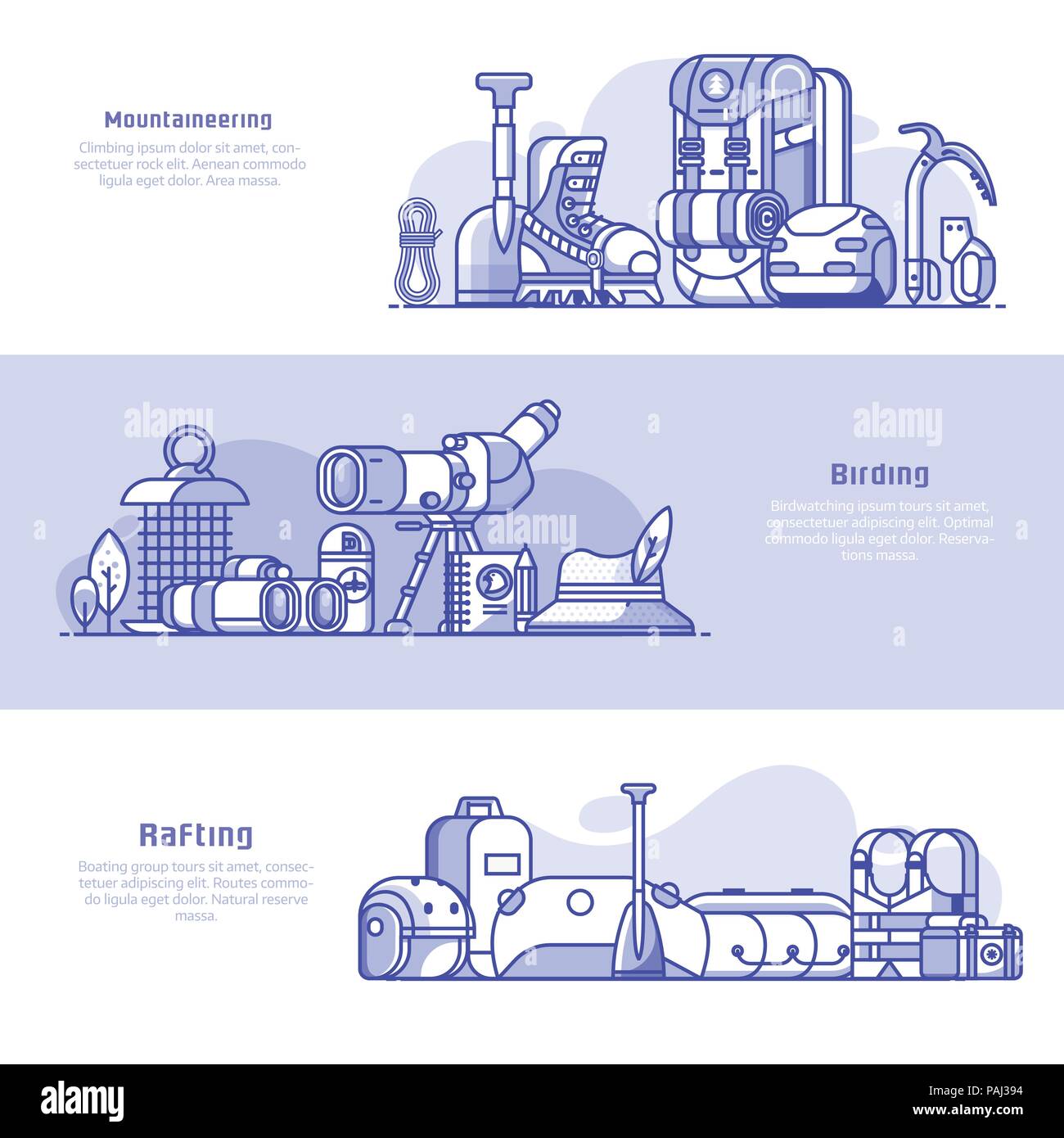 Sommer Outdoor-aktivitäten Symbole und Werbebanner. Aktiver Lebensstil Ausrüstung für die Vogelbeobachtung, Klettern und Rafting. Stock Vektor