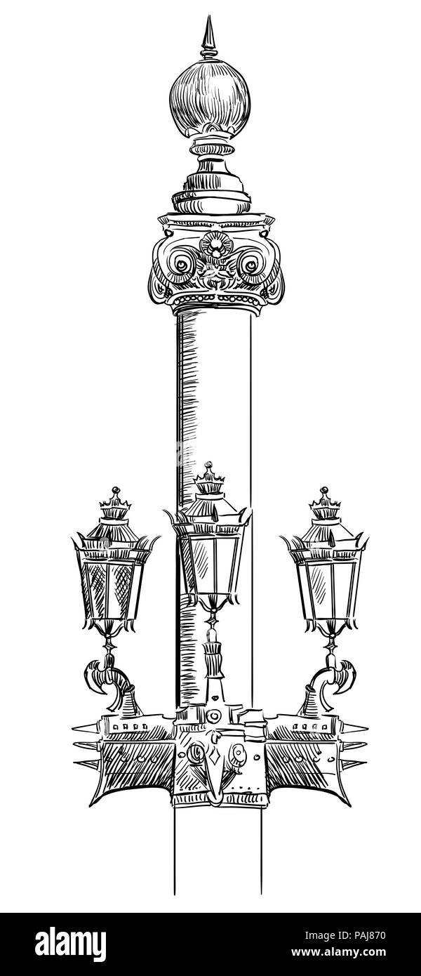Handzeichnung alte Straßenlaterne Vektor monochromen Abbildung in schwarz auf weißem Hintergrund Stock Vektor