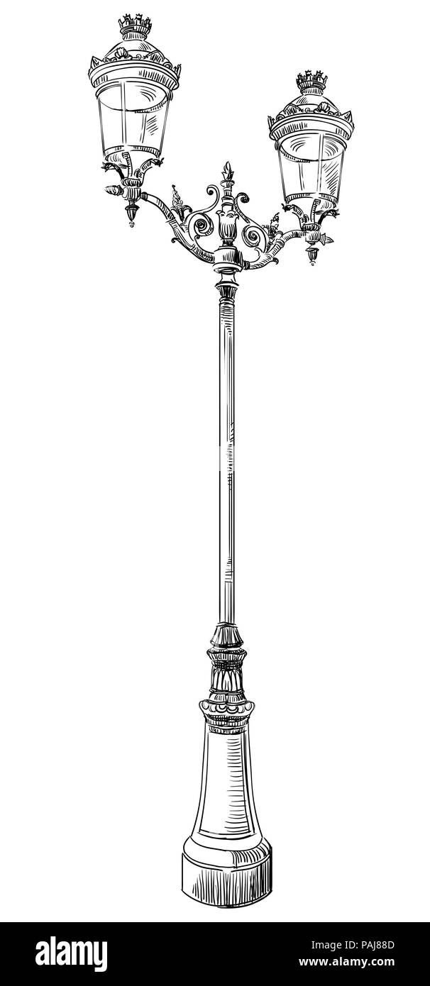 Handzeichnung alte Straßenlaterne Vektor monochromen Abbildung in schwarz auf weißem Hintergrund Stock Vektor