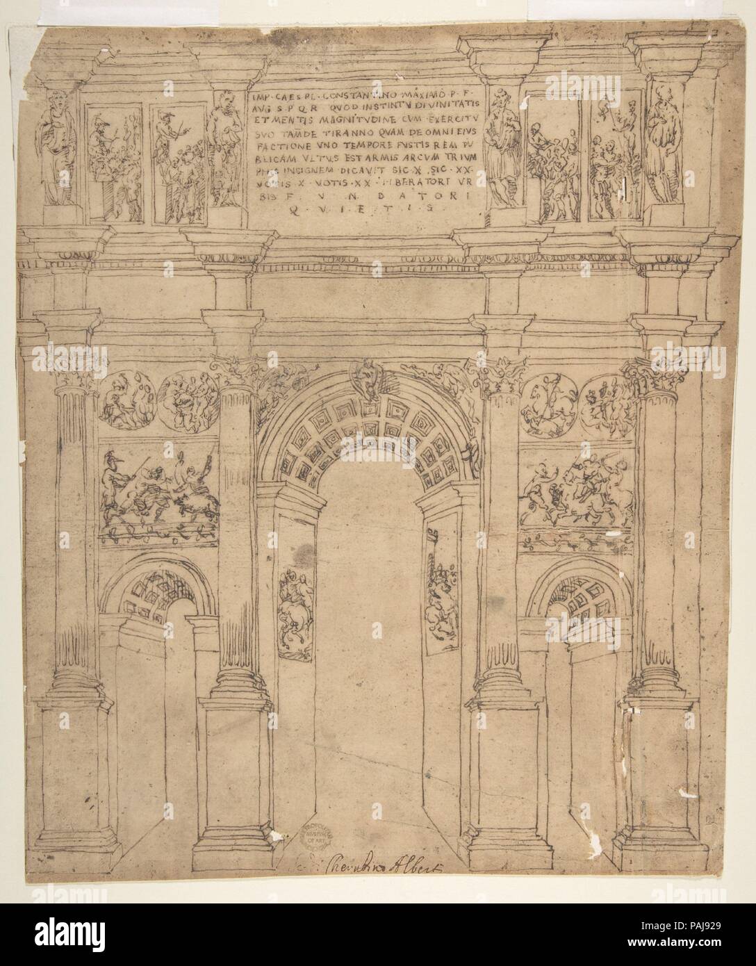 Konstantinsbogen in Rom. Artist: zugeschrieben, Bartolomeo Neroni (Il Riccio) (Italienisch, Siena Siena 1505/15-1571). Abmessungen: 11 15/16 x 10 1/16-in. (30,3 x 25,5 cm). Datum: 1500-1571. Museum: Metropolitan Museum of Art, New York, USA. Stockfoto