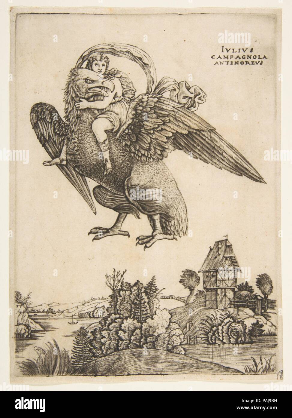 Ganymed als Junge Reiter ein grosser Adler (Zeus) im Flug über einer Landschaft. Artist: Giulio Campagnola (Italienisch, Padua Ca. 1482-ca. 1515/18 Venedig); ? Nach Andrea Mantegna (Italienisch, Isola di Carturo 1430/31-1506 Mantua). Maße: Blatt: 6 7/8 x 5 1/16 in. (17,5 × 12,8 cm) Platte: 6 5/8 x 4 13/16 in. (16,9 × 12,2 cm). Datum: Ca. 1500-1505. Die extreme Jugend der Junge dargestellt von Campagnola, zusammen mit seinem bereit, Teilnahme an seiner Entführung von Jupiter in der Gestalt eines Adlers, schlägt vor, dass ein Neuplatonischen Lesung des Mythos bestimmt sein können. Beginnend mit der moralized Versionen von Stockfoto