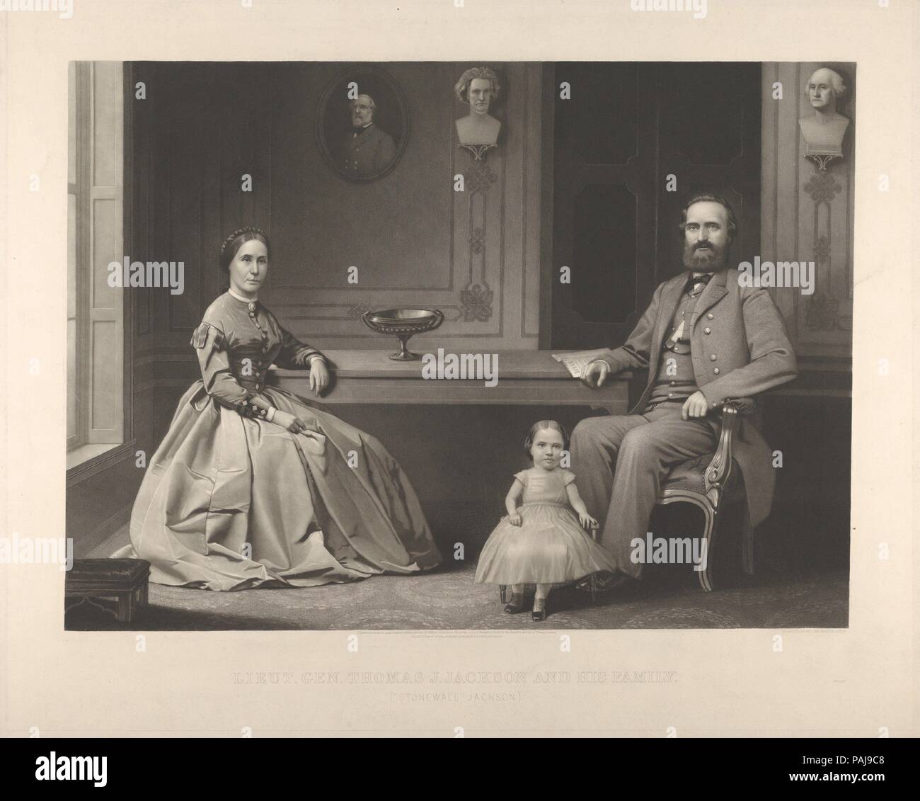 Generalleutnant Thomas J. Jackson und seine Familie ('Stonewall Jackson'). Künstler: William Sartain (American, 1843-1924). Abmessungen: Bild: 13 7/8 x 19 1/16-in. (35,2 × 48,4 cm) Blatt: 18 15/16 x 23 5/8 in. (48,1 x 60 cm). Herausgeber: Bradley & Company (Philadelphia). Sitter: Thomas Jonathan Jackson (Amerikanische, Clarksburg, West Virginia 1824-1863 Guinea, Virginia). Datum: 1866. Drei Jahre nach dem Tod von Thomas tonewall' Jackson, Drucken dieses erinnert an eine der begabtesten Generäle der Konföderation veröffentlicht. Jackson unter Robert E. Lee in der Armee von Northern Virginia und wurde wid Stockfoto