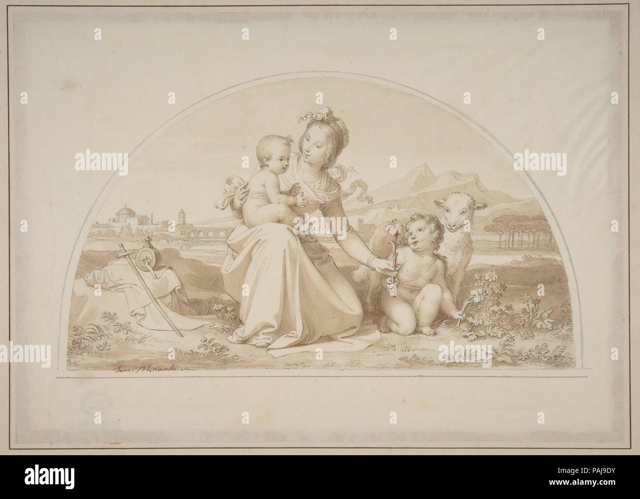 Die Jungfrau und Kind mit Kind, Johannes dem Täufer und ein Lamm in der Landschaft. Artist: Tommaso Minardi (Italienisch, Faenza 1787-1871 Rom). Abmessungen: 6 1/4 x 8 7/8 in. (15,8 x 22,5 cm). Datum: 1787-1871. Museum: Metropolitan Museum of Art, New York, USA. Stockfoto