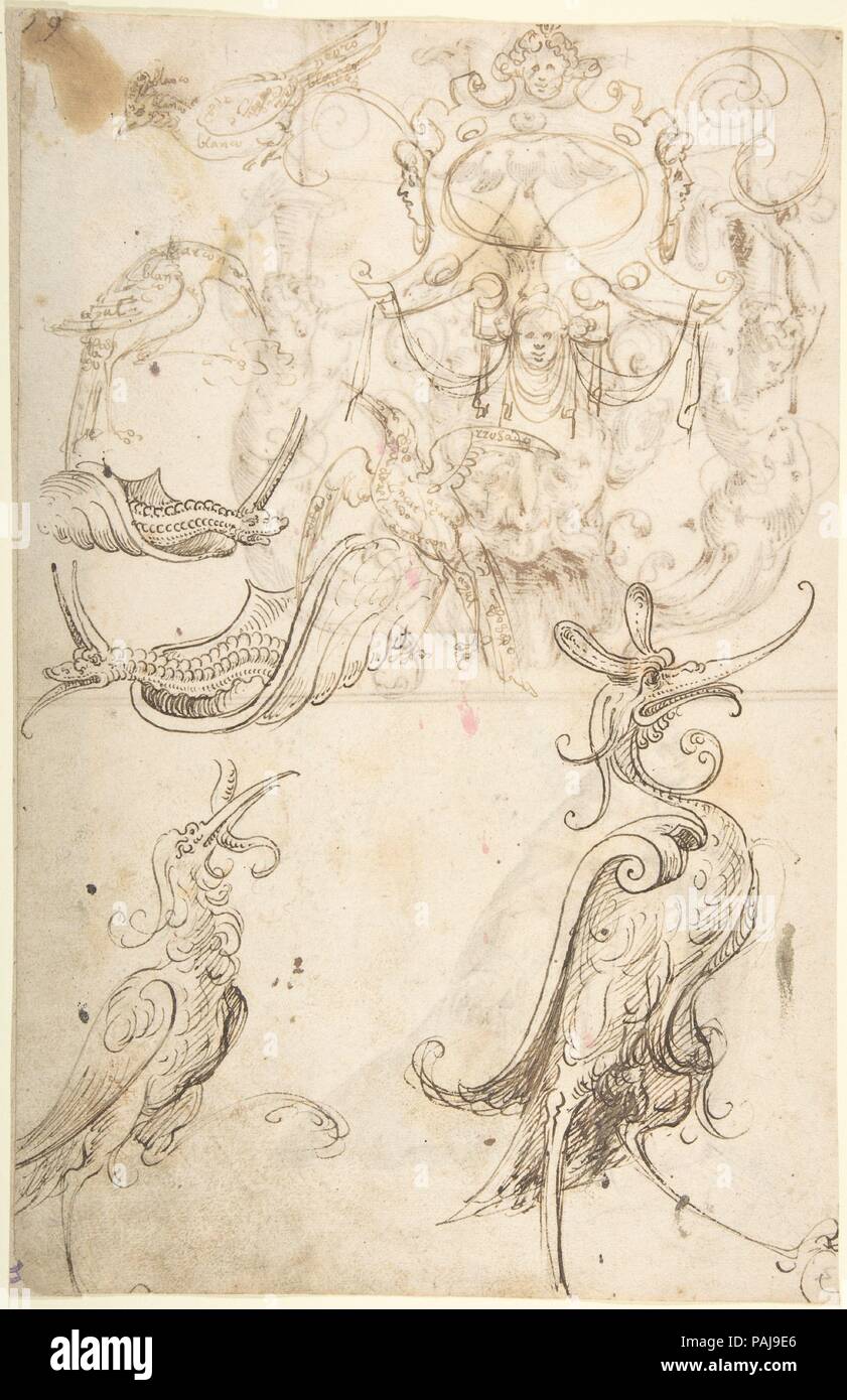 Verschiedene groteske Figur Studien und eine Strapwork Kartusche (recto); Groteske mit zwei Figuren und Maske; und eine Absenkvorrichtung Kleriker (verso). Artist: zugeschrieben, Andrés de Melgar (Spanisch, dokumentiert S. Domingo de la Calzada, gestorben nach 1554). Abmessungen: 13-1/4 x 8-9/16-in. (33,7 x 21,7 cm). Datum: Ca. 1545-60. Museum: Metropolitan Museum of Art, New York, USA. Stockfoto