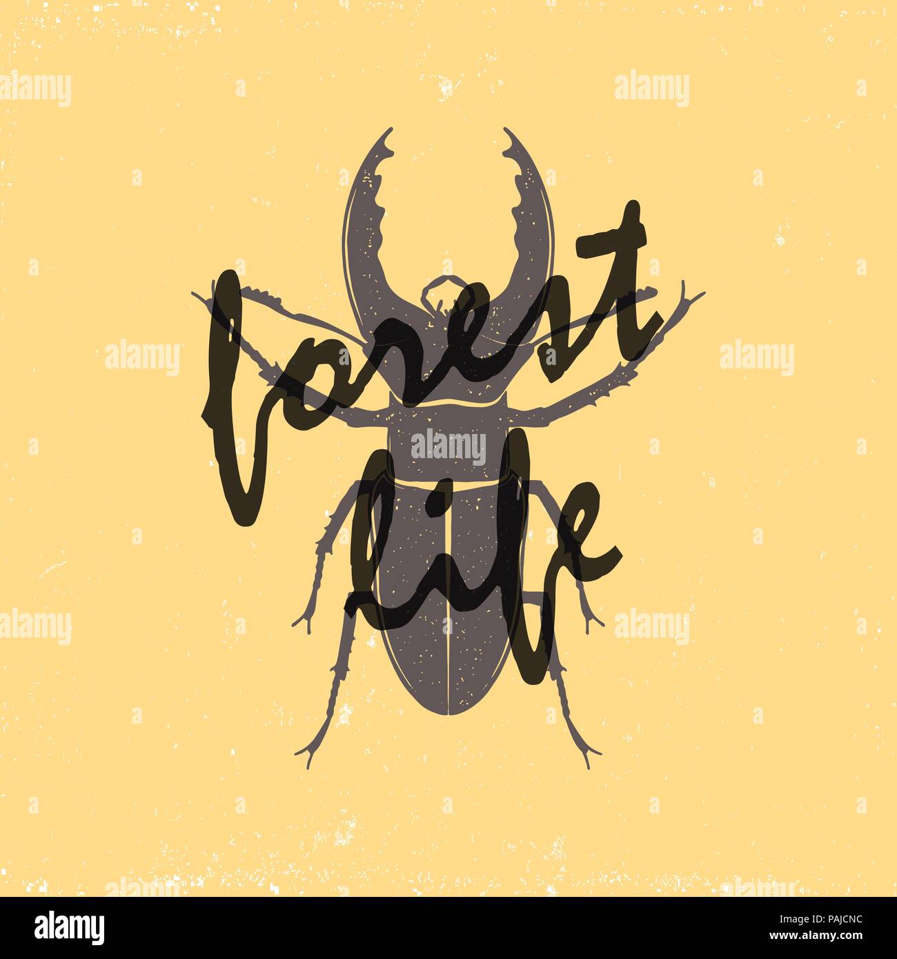 Ein Vintage Brown Deer beetle Emblem auf gelbem Grund, ein Zeichen von "Leben". Grunge Badge, typogrphic Symbol für T-shirts oder Druck geeignet Stock Vektor