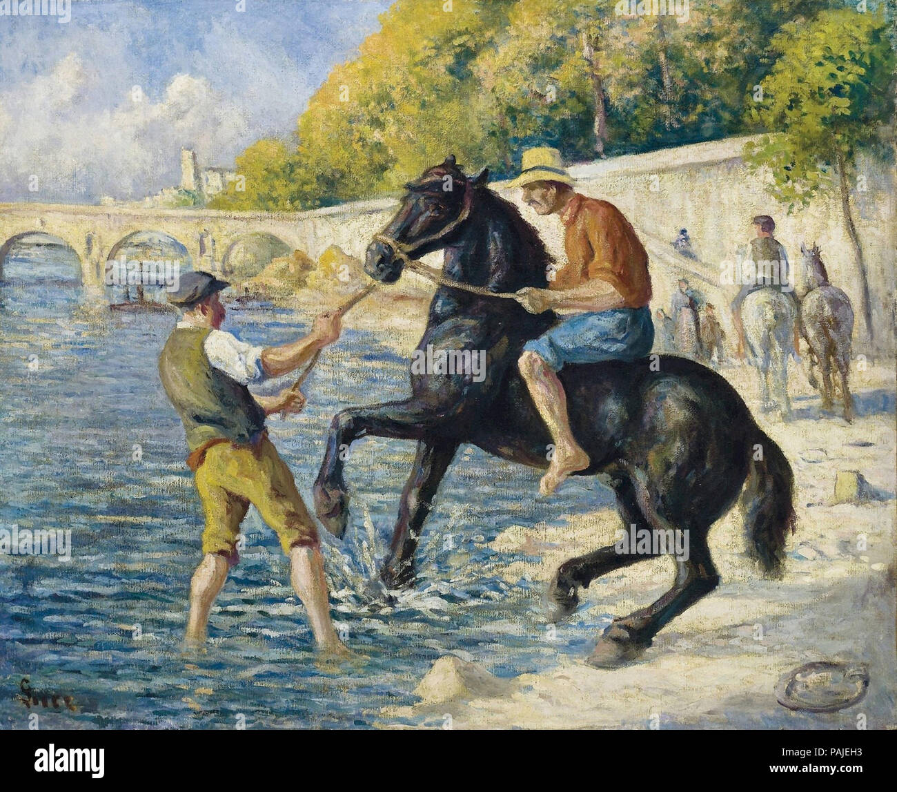 Maximilien Luce - La baignade De Chevaux Dans la Seine Vers le Pont Marie Stockfoto