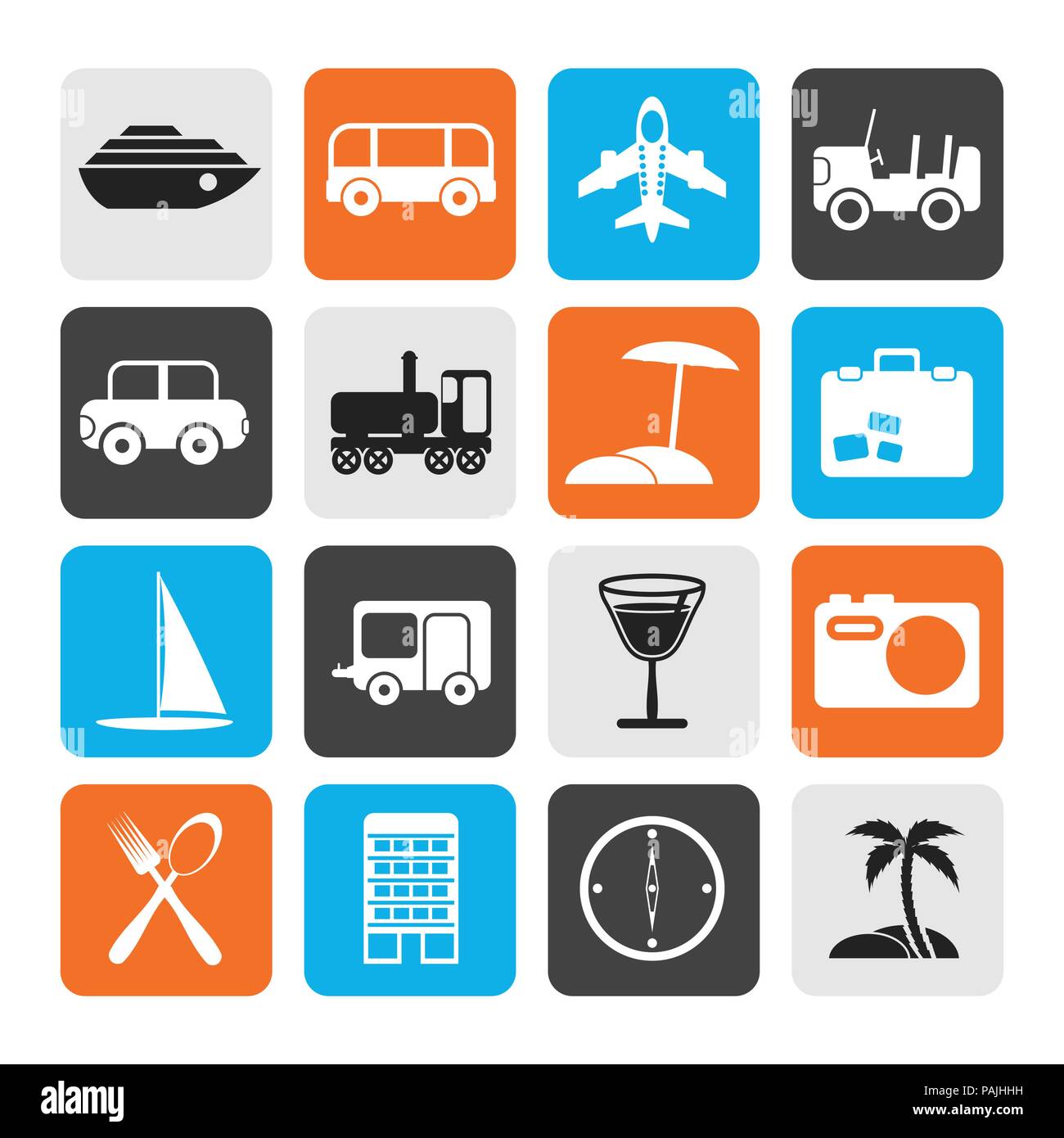 Flache Reisen, Verkehr, Tourismus und Urlaub Symbole - Vektor Icon Set Stock Vektor