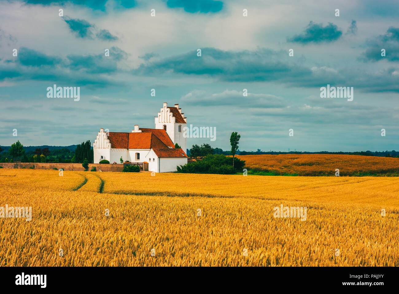 Kirche auf Dänische Landschaft im Sommer Stockfoto