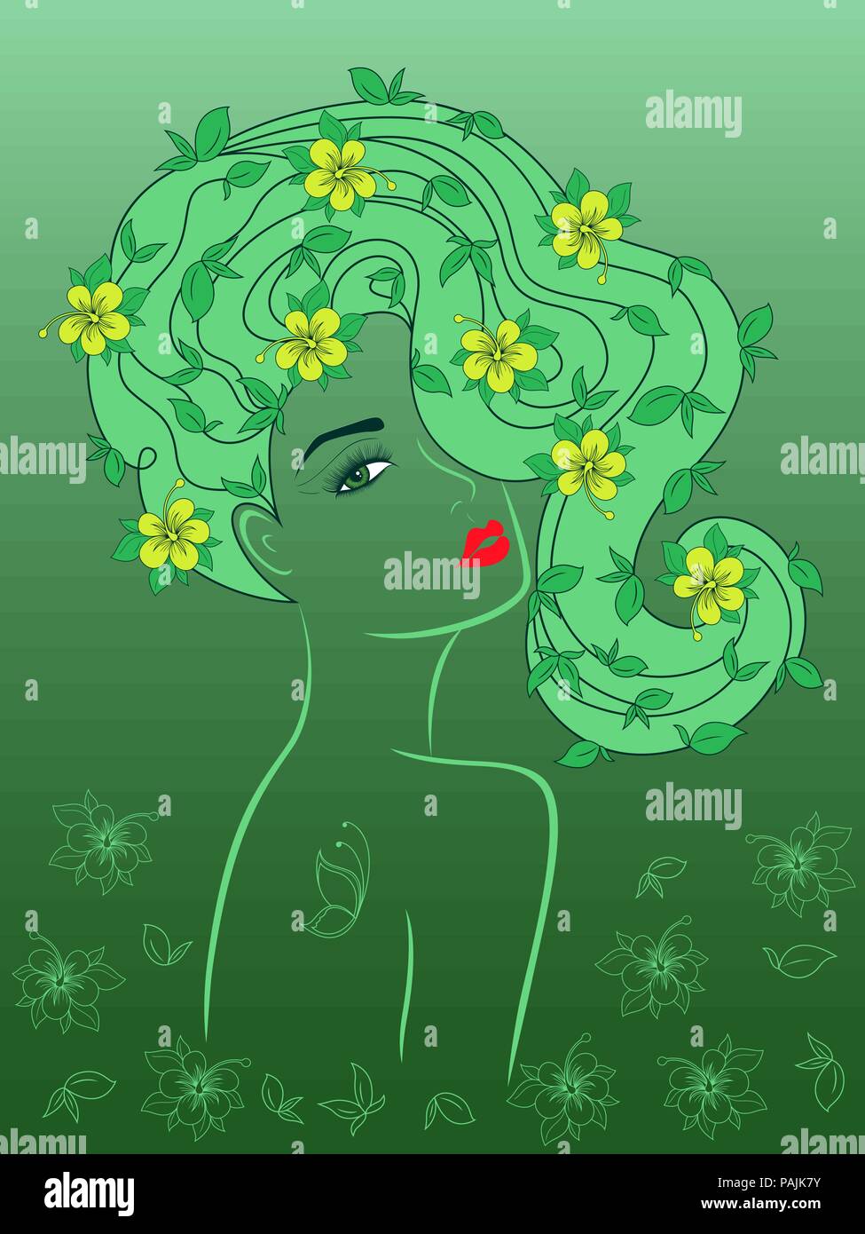 Super hübsche Mädchen mit gelben Blumen, die in einem luxuriösen, gewelltes Haar auf die zarten grünen Hintergrund mit Farbverlauf, hand Zeichnung Vektor Stock Vektor
