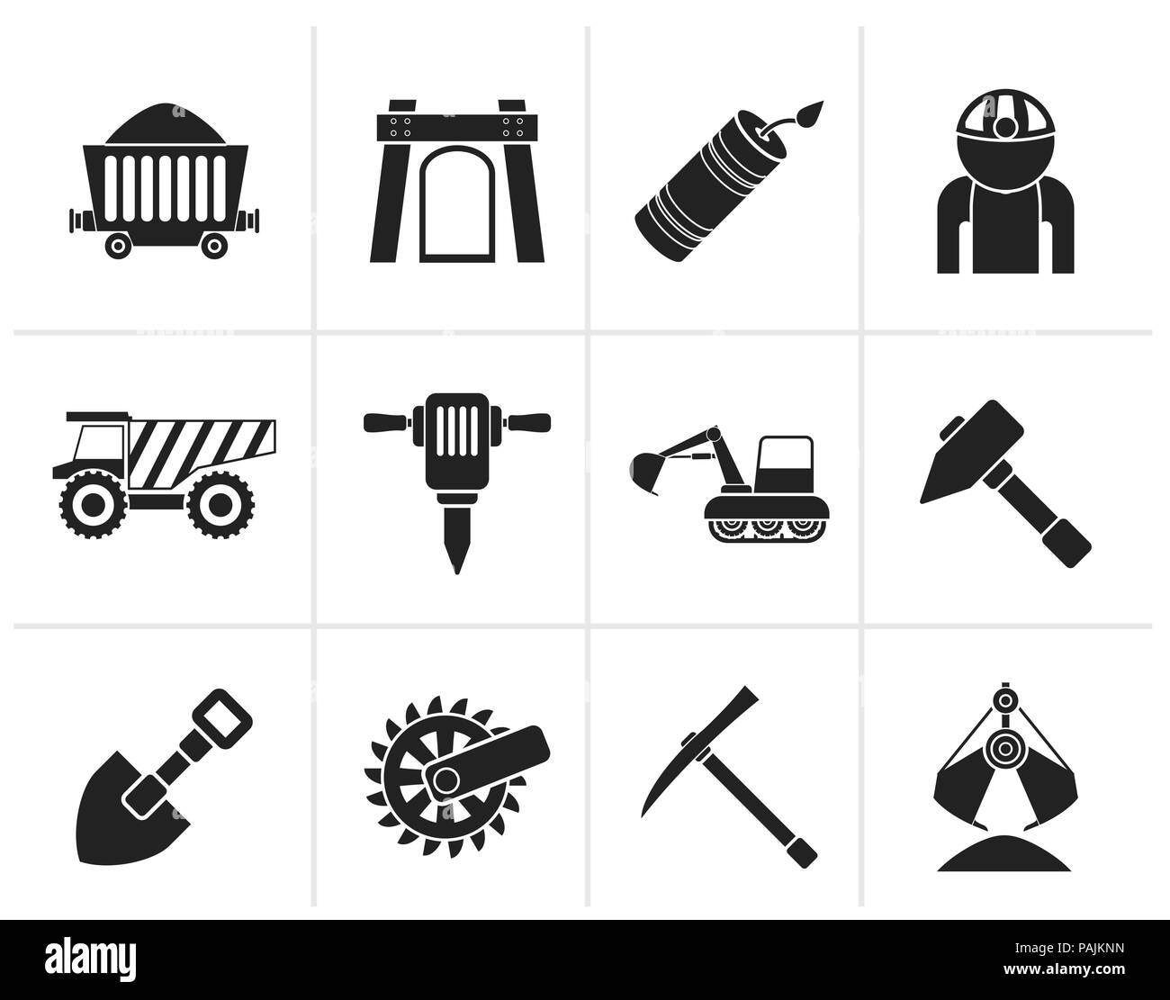 Schwarz Bergbau und Gewinnung von Steinen und Erden Industrie Objekte und Symbole - Vektor Icon Set Stock Vektor