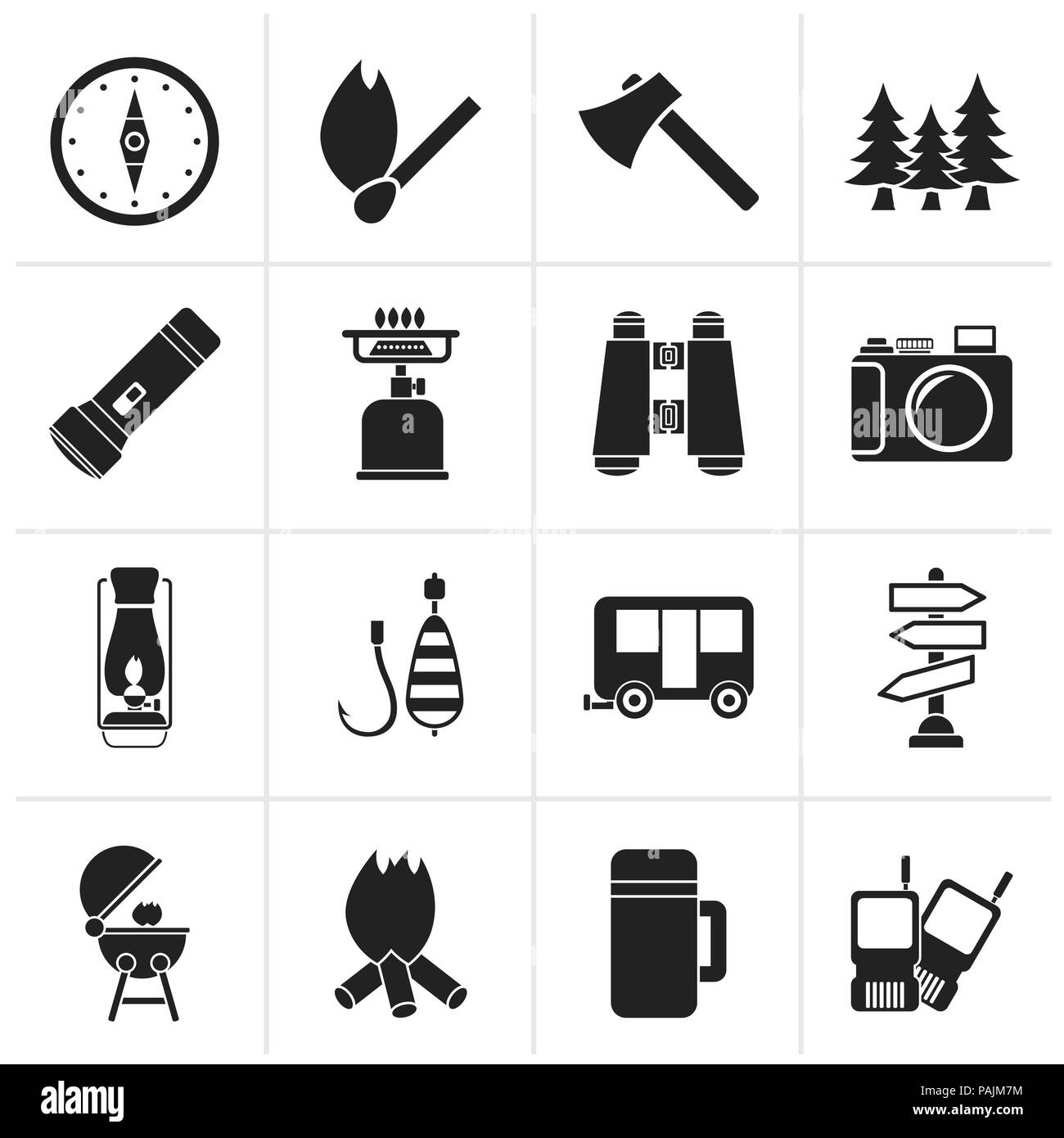 Schwarz Camping, Reise und Tourismus Symbole - Vektor Icon Set Stock Vektor